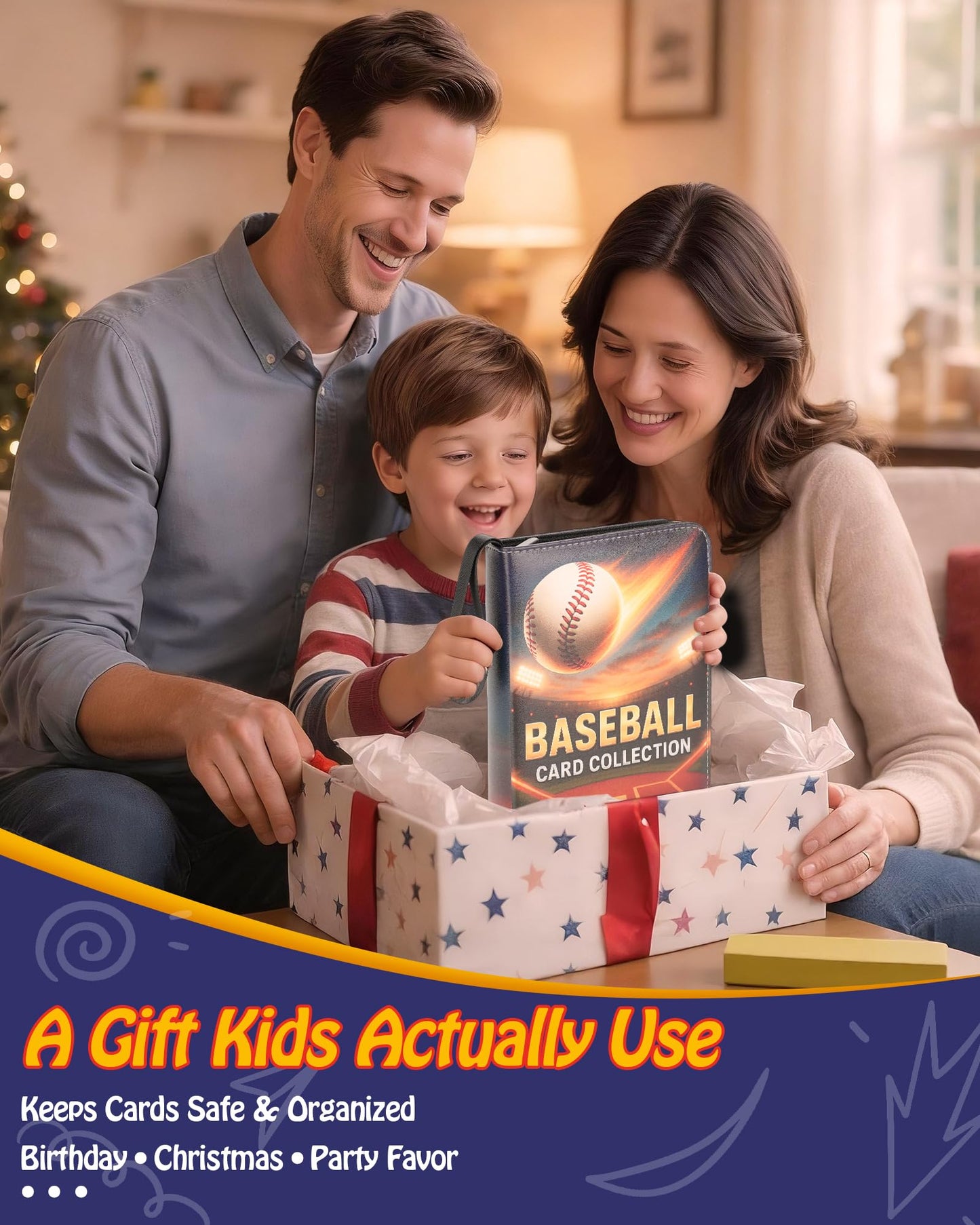 Baseball card binder 4-Pocket holds 400 cards, 100 pages side-loading, PU leather zip waterproof cover, acid-free pages, for home storage & card