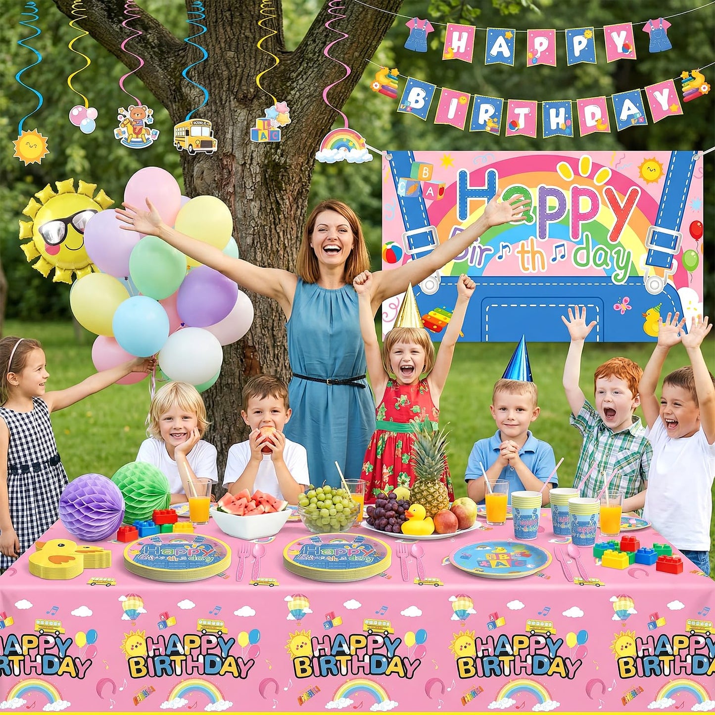 Fufuddz 3 pcs Rachell English Teacher Birthday Tablecloth, Cartoon Teacher Plastic Tablecloths, 54inch x 108inch Party Tablecovers for Fans Girls Boys
