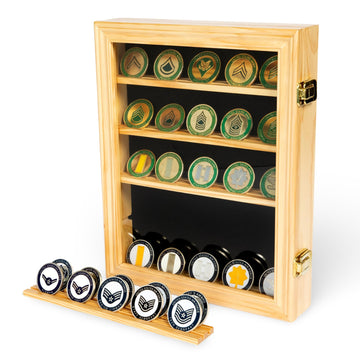 Solentra 30 Coin Cabinet - Wooden Coin Display Case with 30 Slots and Clear Acrylic Cover - Collectible Coin Storage Box in Cherry or Oak Color (Oak)