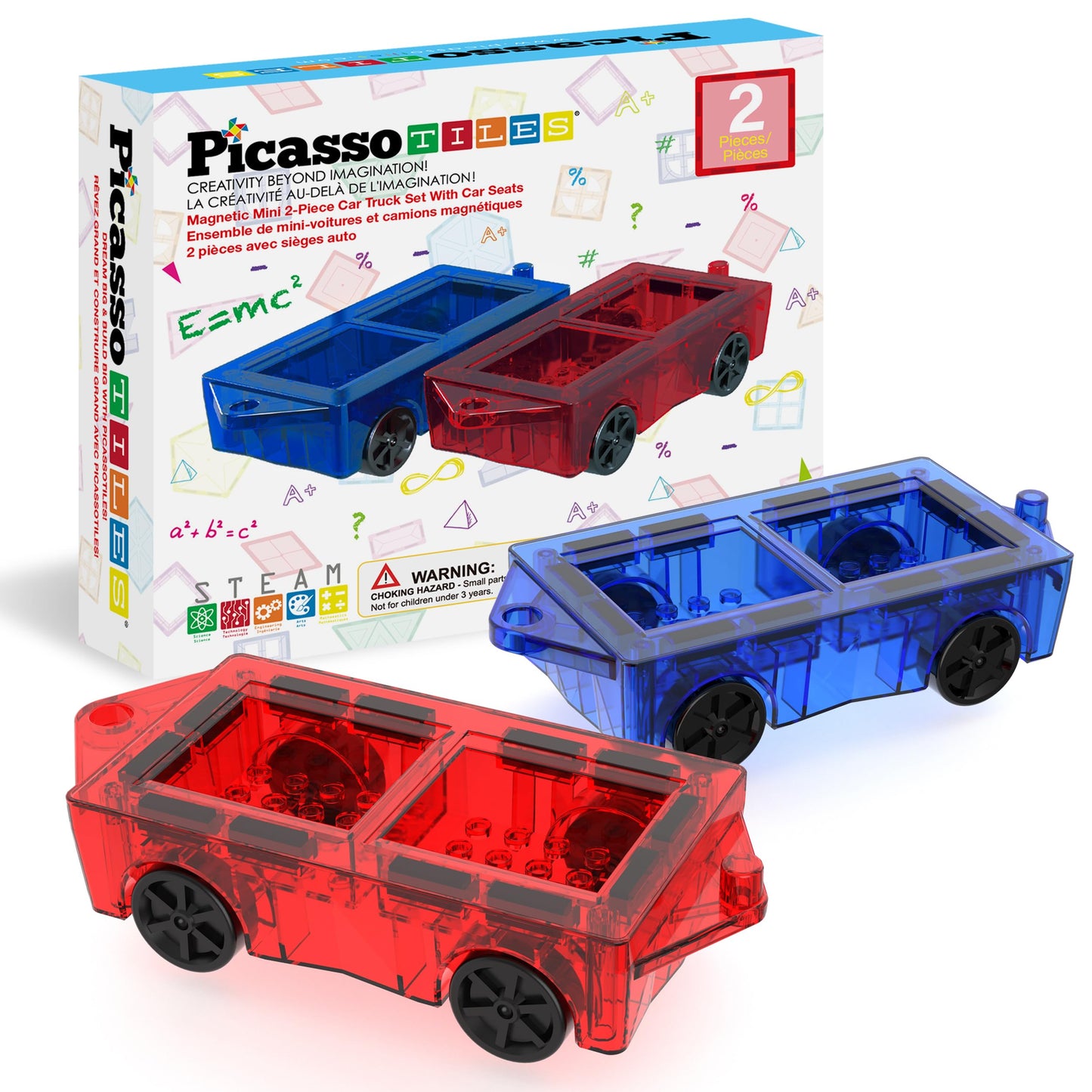 PicassoTiles 2 Piece Car Mini Truck Construction Kit Toy Set Vehicle for Magnetic Blocks Building Tile Sensory Magnet Toys Bricks STEM & Learning