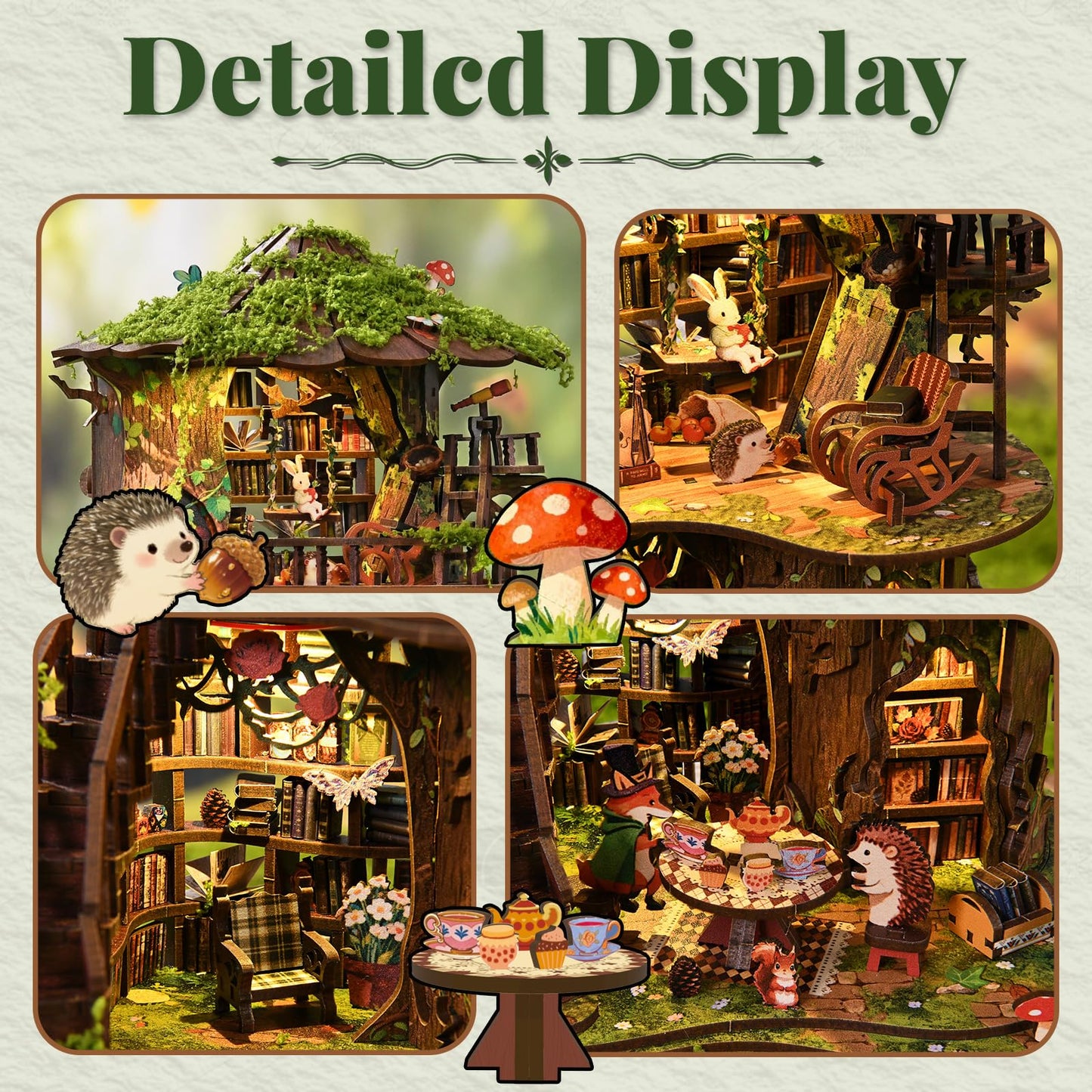 qpdbookpd DIY Book Nook,Buchstütze Aus Holz und 3D-Puzzle mit LED-Licht, bastelset Erwachsene?mini Book Nook,Weihnachten Geburtstag Geschenke(Forest