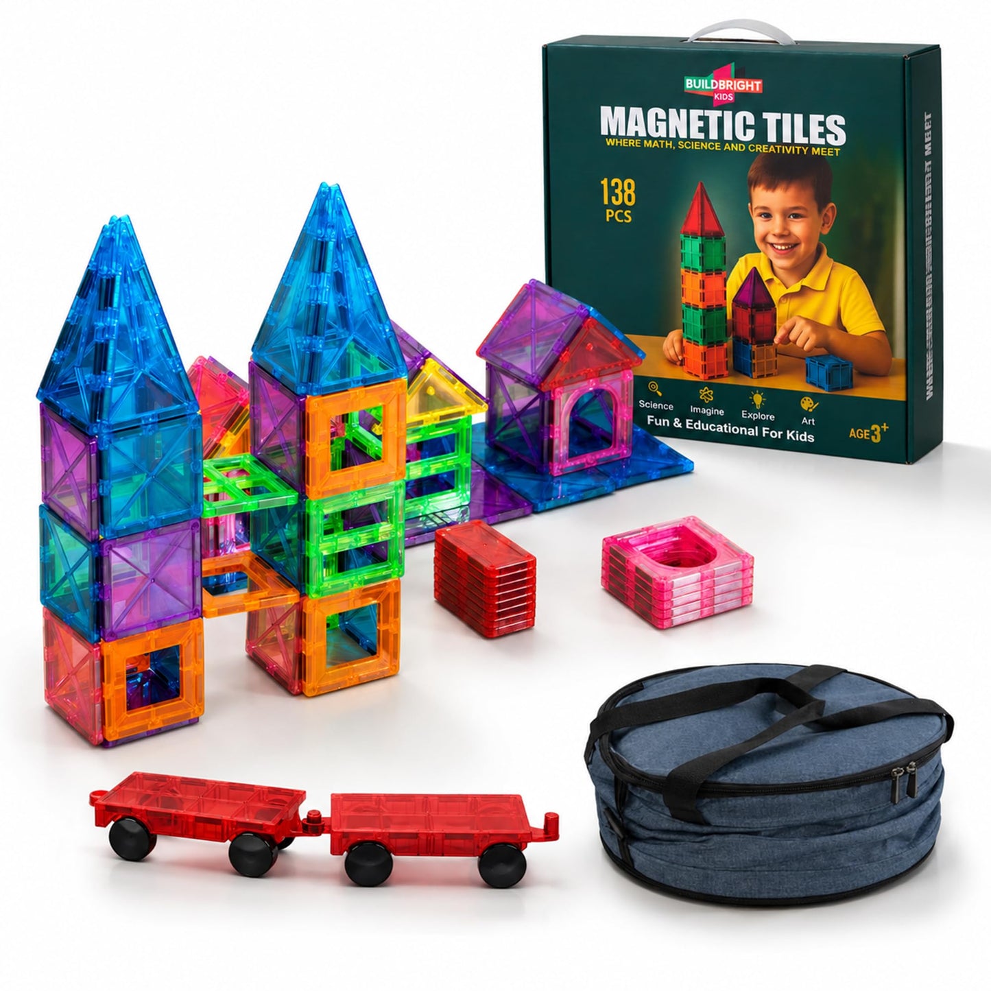 Magnetic Tiles for Kids, 138 PCS STEM Building Blocks with Play Mat