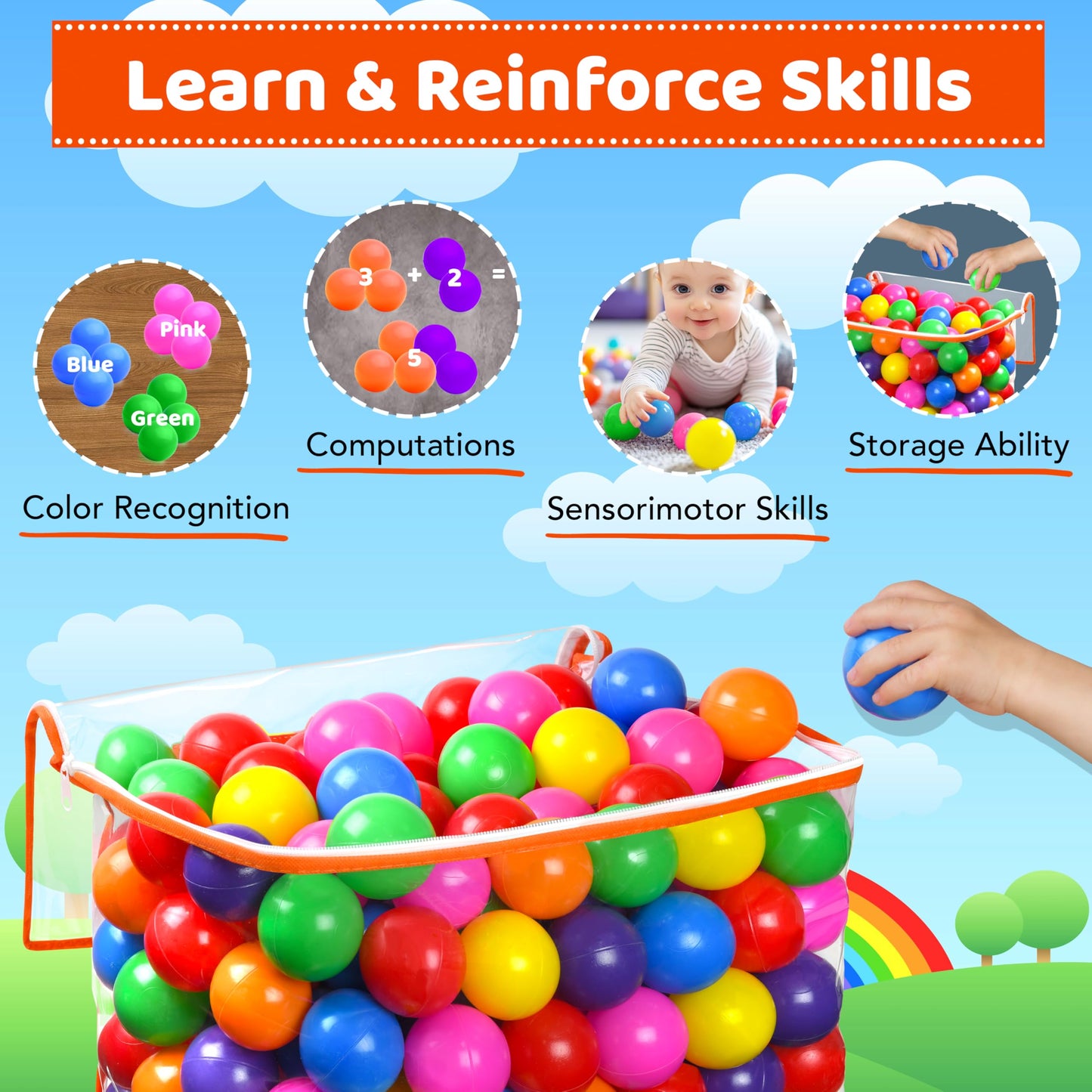 100 Ball Pit Balls for Toddlers with Storage Bag - 7 Bright Colors, Crush Proof, Great Play Toys for Tents, Pools, and Party