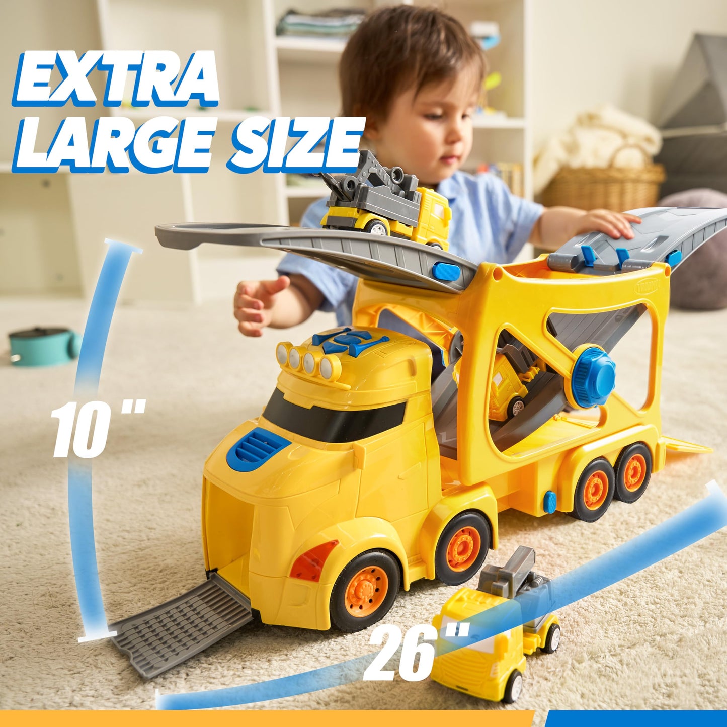 Vroomix JOVA Extra Large Toy Trucks for Toddlers, 3-Layer Construction Trucks for Boys, 7-in-1 Big Carrier Truck with Siren & Lights and 6 Toy Cars