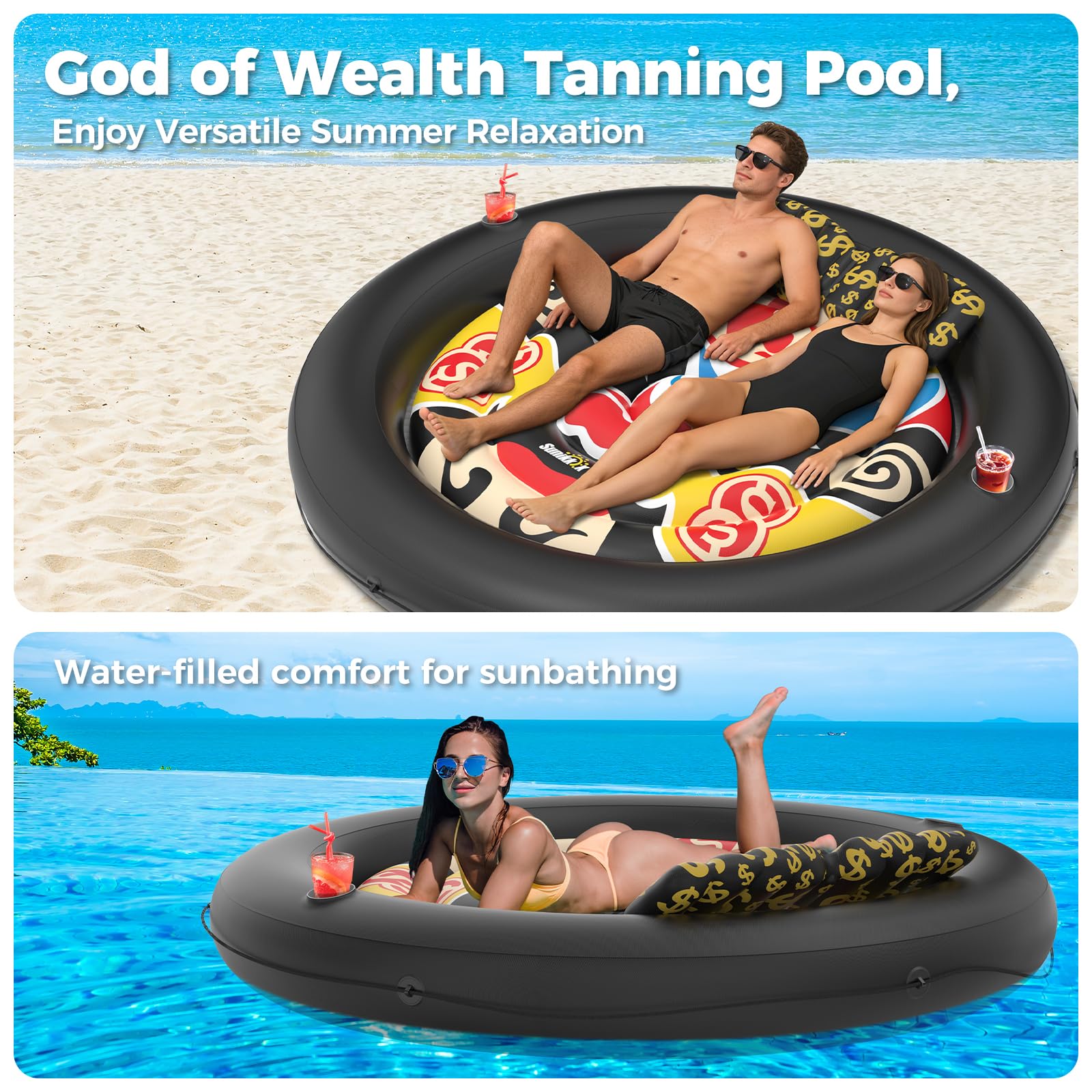 Sunikko X 73"x73" Inflatable Tanning Pool Floats Lounger Bed for Adults, Lucky Design XL Round Blow Up Pool Raft with Cup Holders, Pillow, 500lb