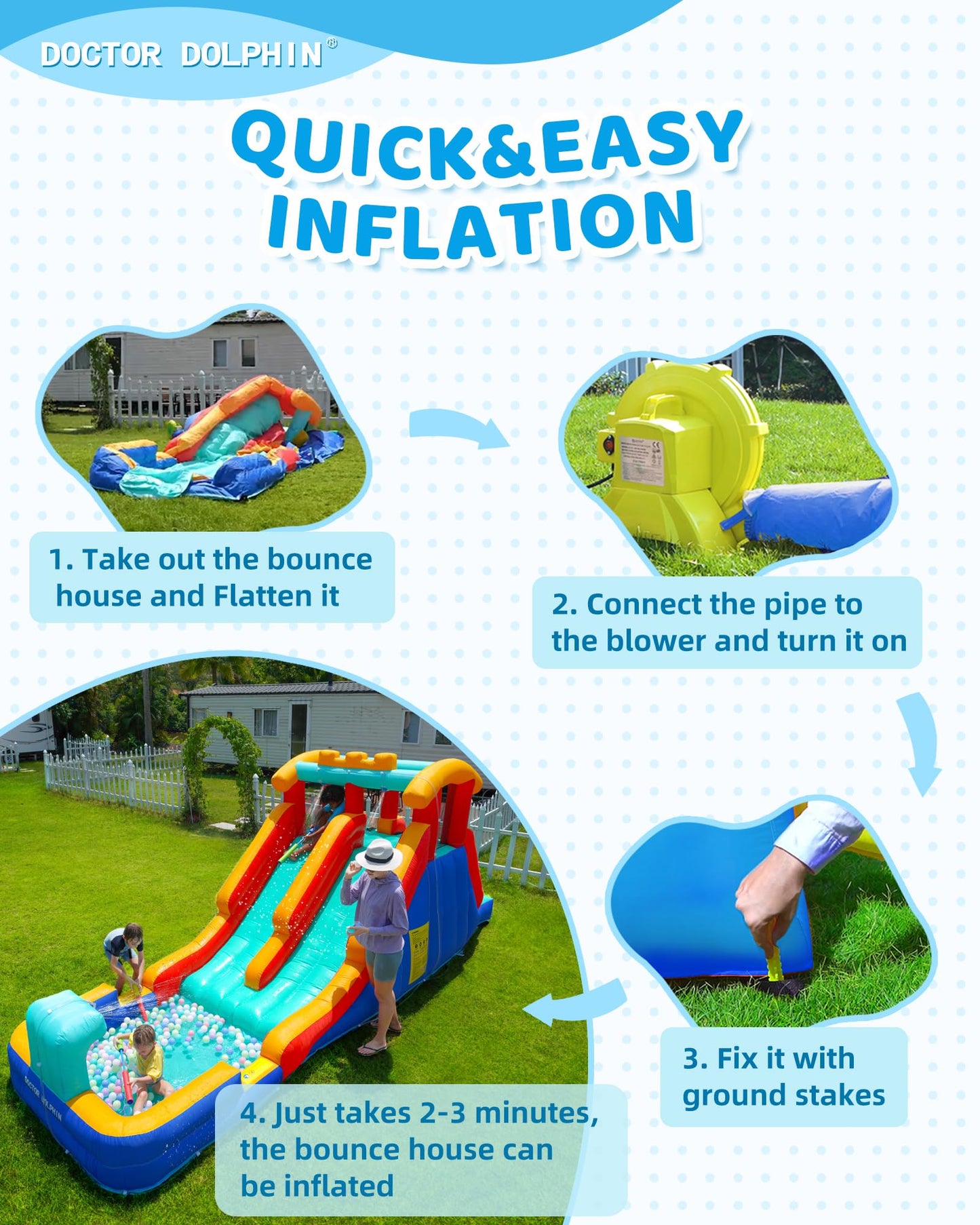 Doctor Dolphin Inflatable Water Slide with Dual Racing Slides, Mega 9-in-1 Water Park for Kids Backyard, Water Bounce House with Climbing Wall