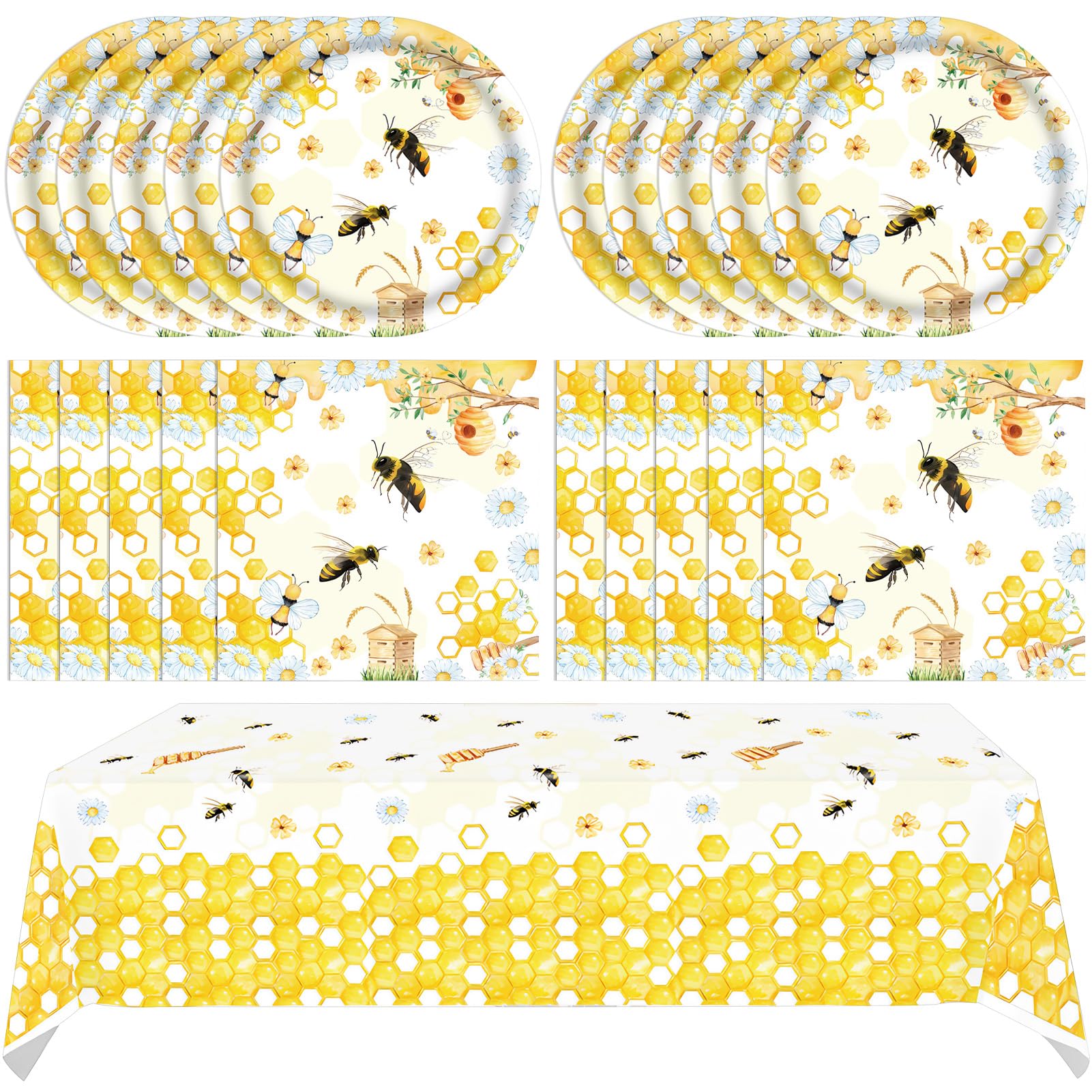 Bee Birthday Party Decorations 41Pcs Bumblebee Themed Tableware Set Include Bee Paper Plates Napkins Tablecloth, for Baby Shower Gender Reveal Kids