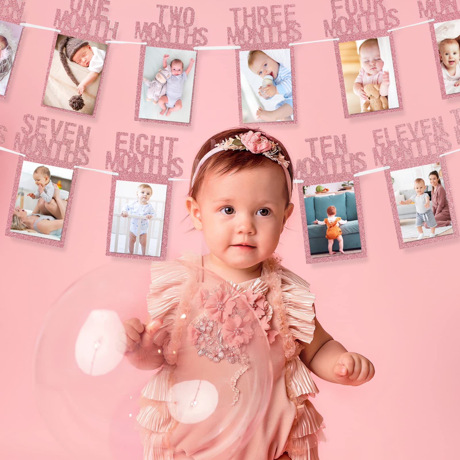 Whaline 1st Birthday Baby Photo Banner for Newborn to 12 Months, Monthly Milestone Photograph Bunting Garland, First Birthday Celebration Decoration