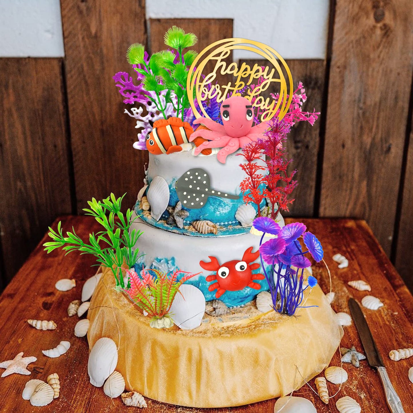 16 PCS Sea Ocean Cake Toppers Under the Sea Ocean Animals Birthday Cake Decorations for Sea Ocean Theme Baby Shower Birthday Party Supplies (Ocean)