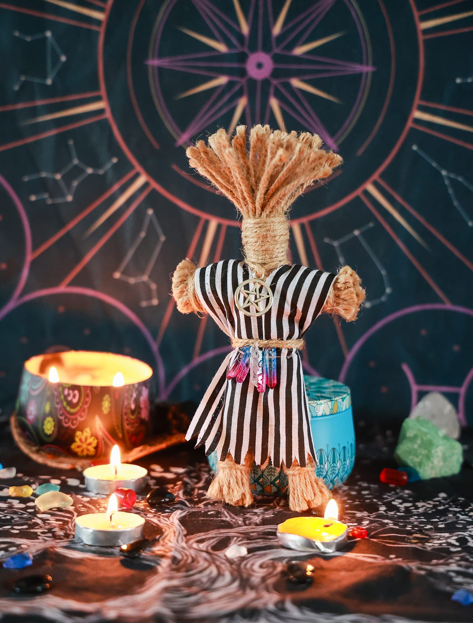 Nosadi Voodoo Doll Handmade Set Real Hemp Rope Wrapped Skull Horror Witches Poppet Gifts Doll for Halloween Birthday Christmas Party Gift Supplies