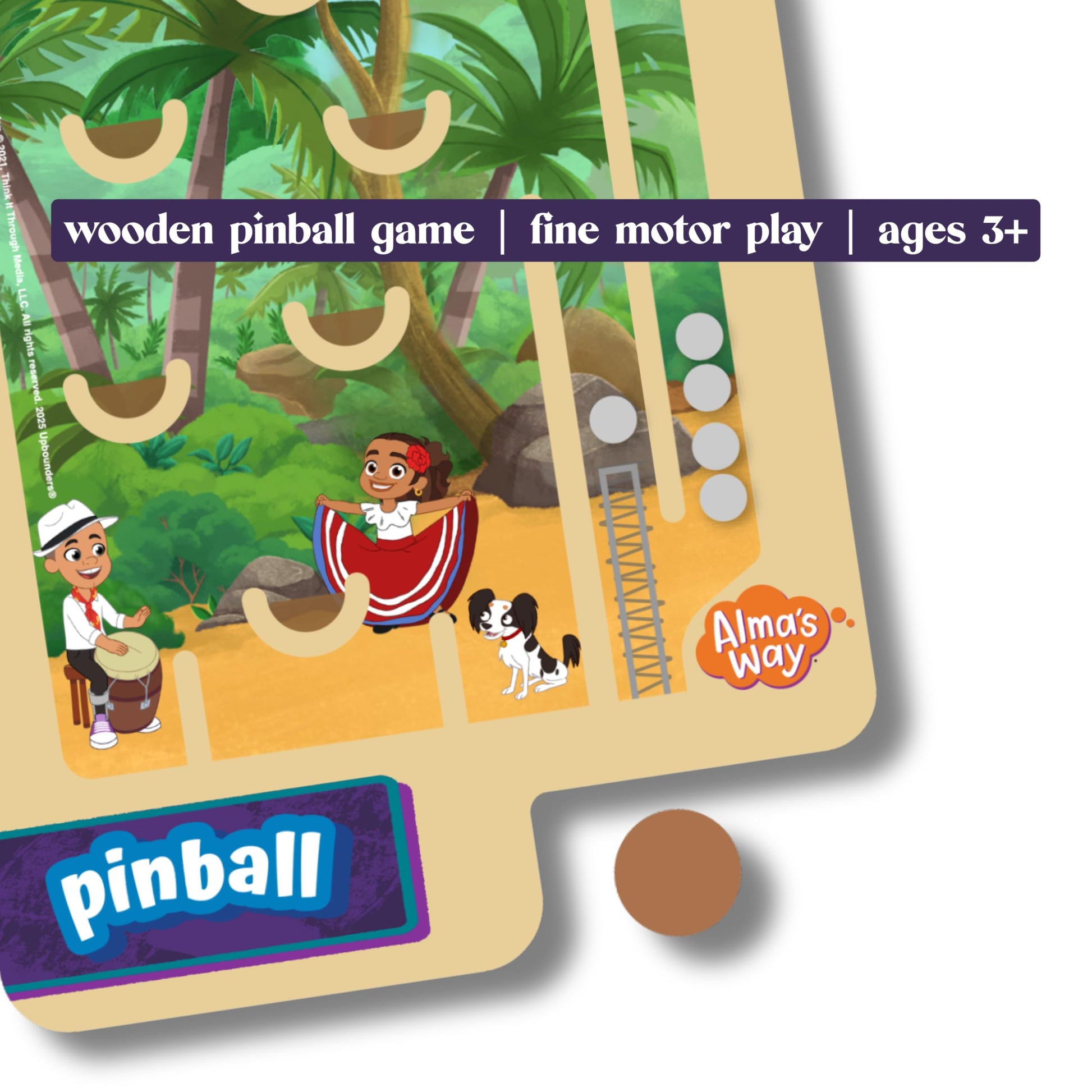 Upbounders® Alma’s Way™ Coconuts Wooden Pinball - Hand-Held Travel Pinball Toy for Kids 3+ - Island Adventure Screen-Free Play