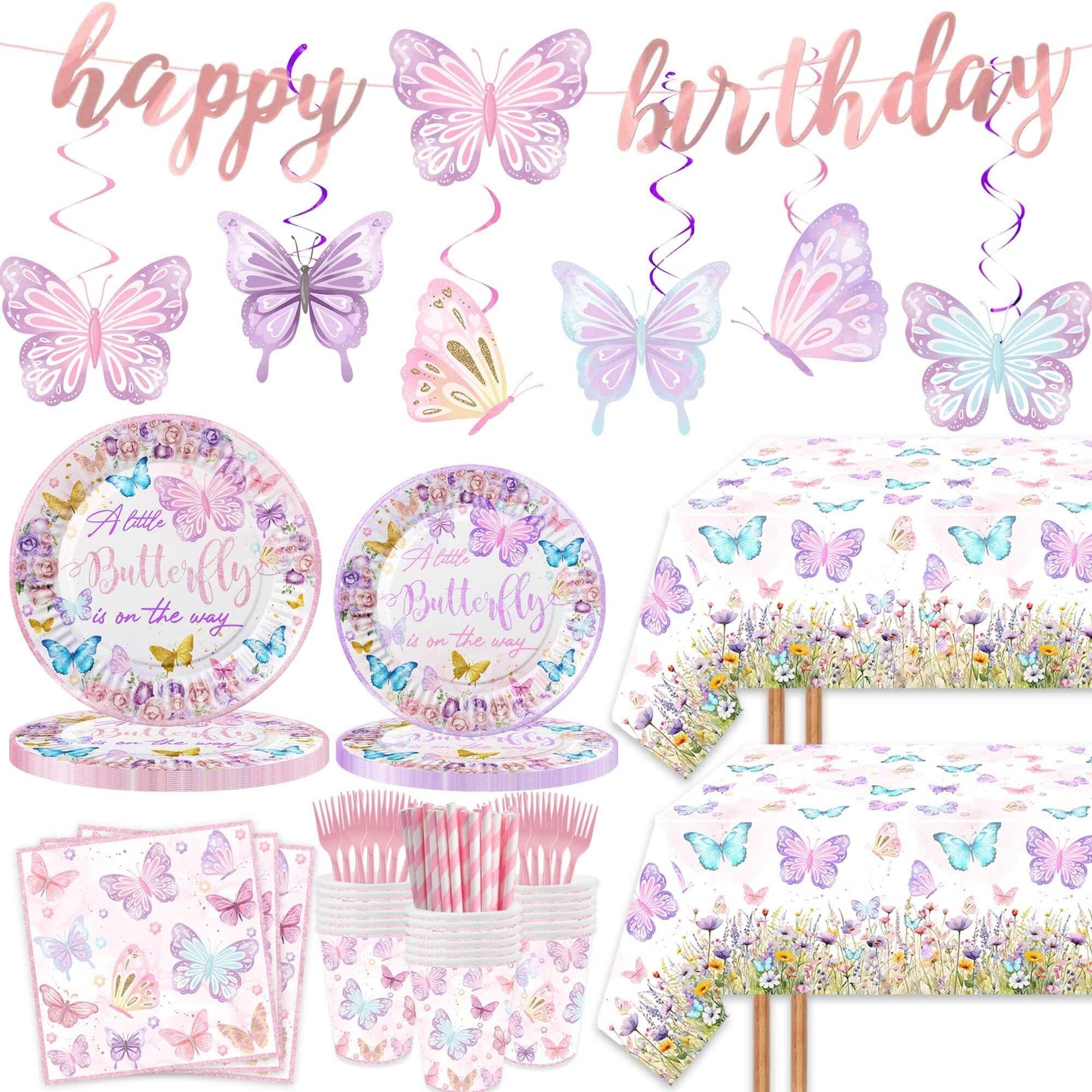149 Pcs Butterfly Baby Shower Party Supplies Pink A Little Butterfly Is On The Way Tableware Includes Hanging Swirl, Plates, Cups, Straws, Tablecloth