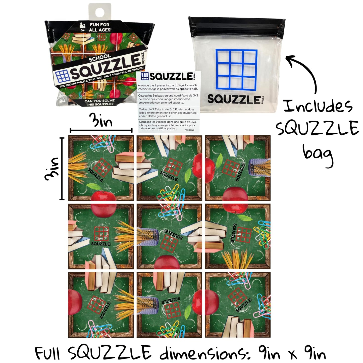 Squzzle Puzzle Brain Teaser | Screen-Free Mind Game | Great for Classrooms & Travel, Collect All Designs (School (Travel Pouch))