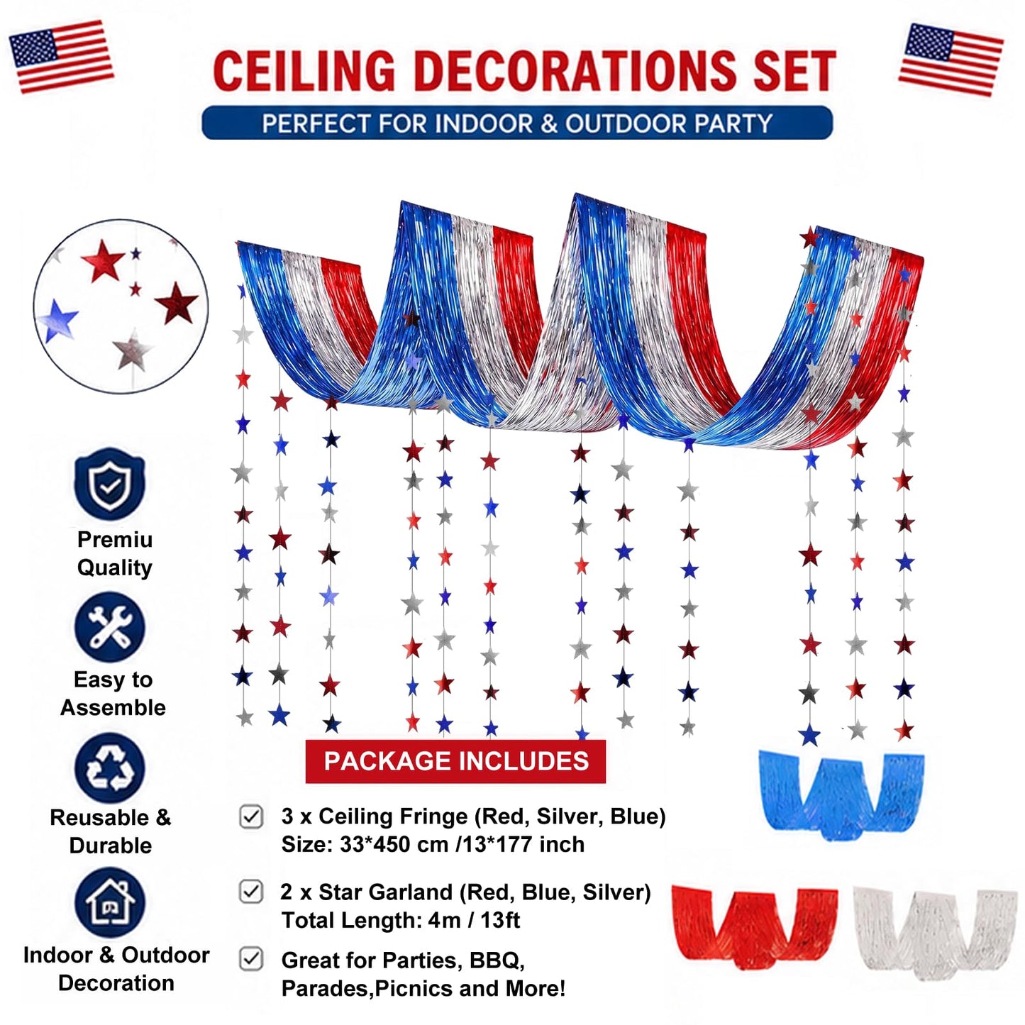 Patriotic Decorations, 5Pack USA Red White and Blue Decorations Metallic Foil Ceiling Fringe Curtains and Star Garland for or 250th Anniversary