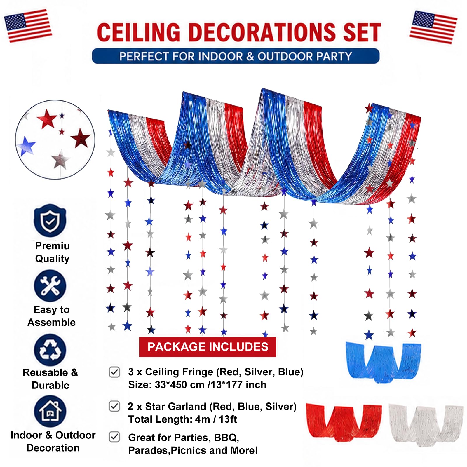 Patriotic Decorations, 5Pack USA Red White and Blue Decorations Metallic Foil Ceiling Fringe Curtains and Star Garland for or 250th Anniversary