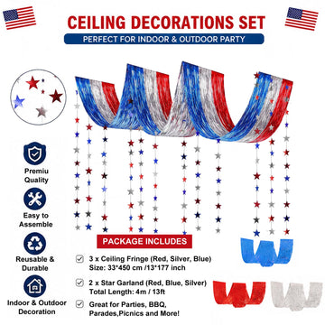 Patriotic Decorations, 5Pack USA Red White and Blue Decorations Metallic Foil Ceiling Fringe Curtains and Star Garland for or 250th Anniversary