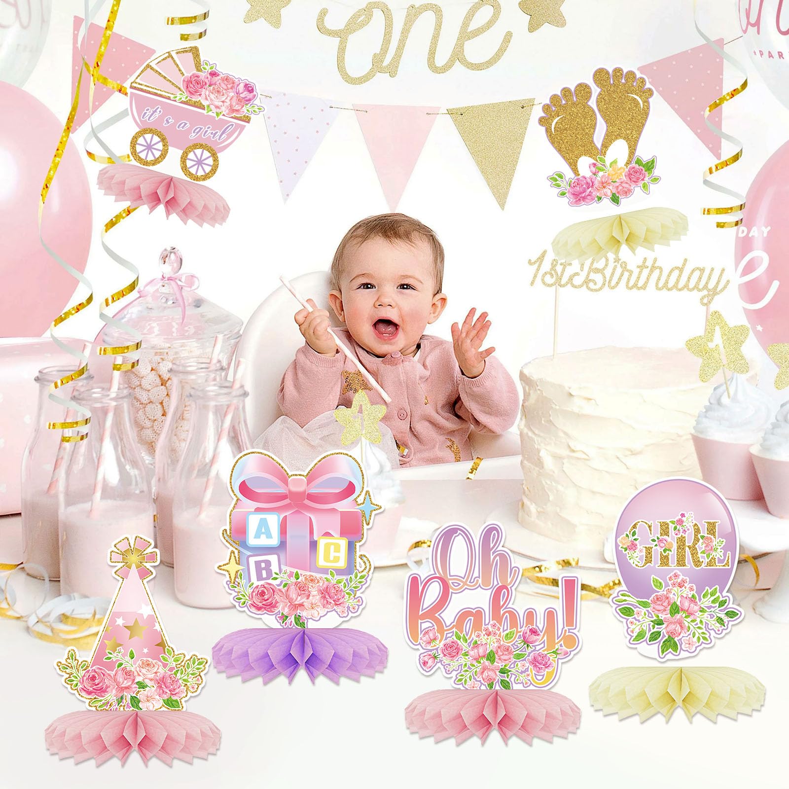 12Pcs Baby Shower Honeycomb Centerpieces Party Decor for Girls,Pink Rose Gold Floral It's a Girl Gender Reveal 3D Table Centerpieces Decoration