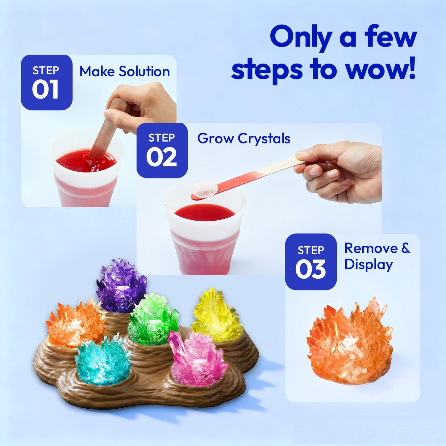 JOVA Klever Kits Crystal Growing Lab- 7 Color Crystal Growing Kit with Light-Up Base, Educational Toys Birthday Gift for Boys and Girls, Science Kits
