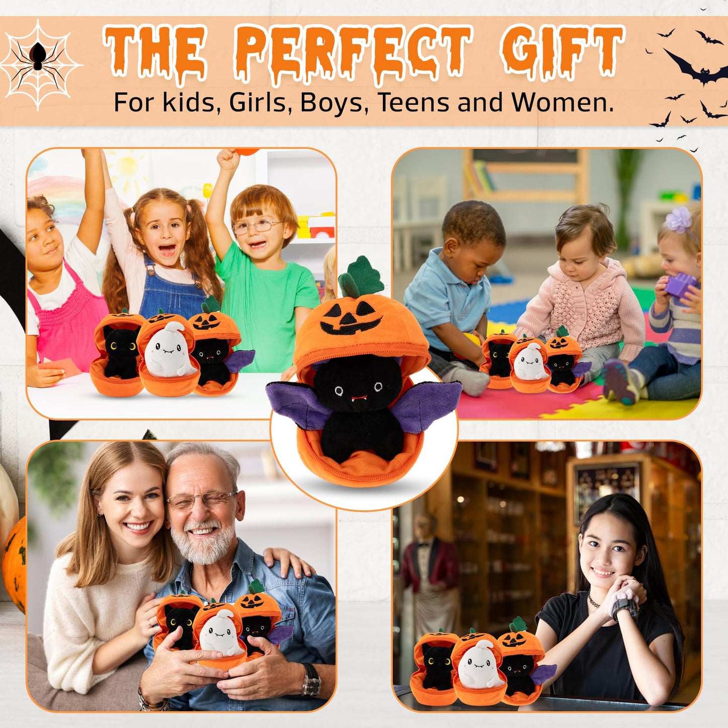 Plushland Halloween Zip-Up Pumpkin Stuffed Animal Plush Toys,Hideaway Spooky Black Cat Bat Ghost Plush Halloween Toy for Festive Decorations & Fun