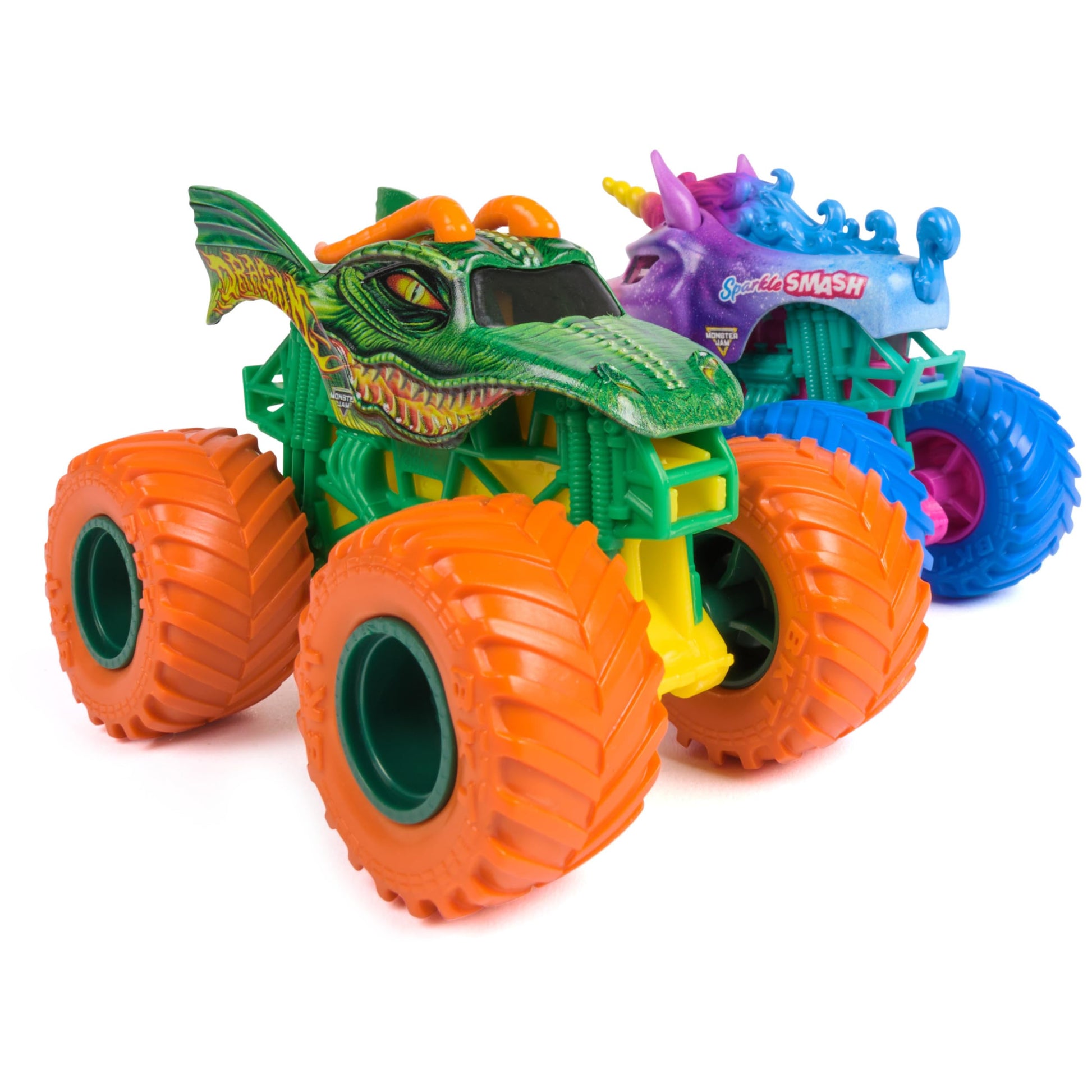 Monster Jam, Dragon Vs. Sparkle Smash Die-Cast Monster Trucks, 1:64 Scale, Kids Toys for Boys Ages 3 and up