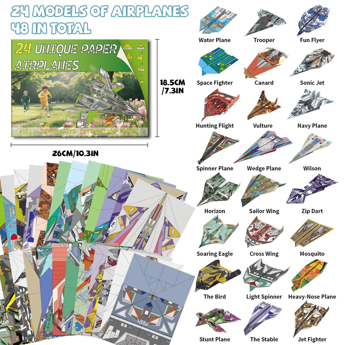 Elfew 48 Sheet Paper Airplane Kit for Kids Ages 6-8,8-12, Origami Paper Plane Kits for Boys, Crafts for Kids Activities, Origami Book, Airplane Toys