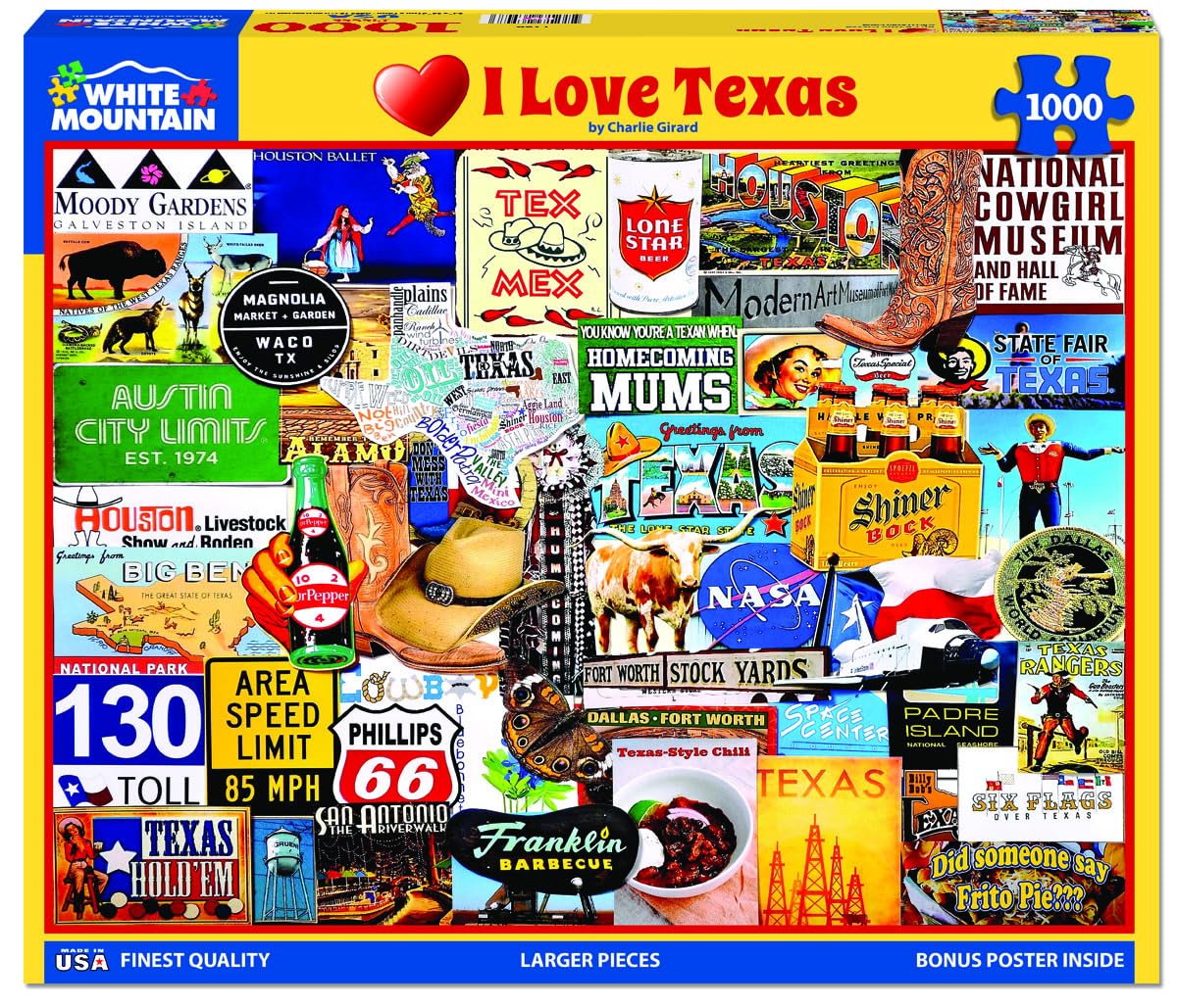 White Mountain 1000 Piece Jigsaw Puzzle Western State Collage, I Love Texas