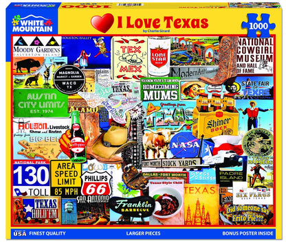 White Mountain 1000 Piece Jigsaw Puzzle Western State Collage, I Love Texas