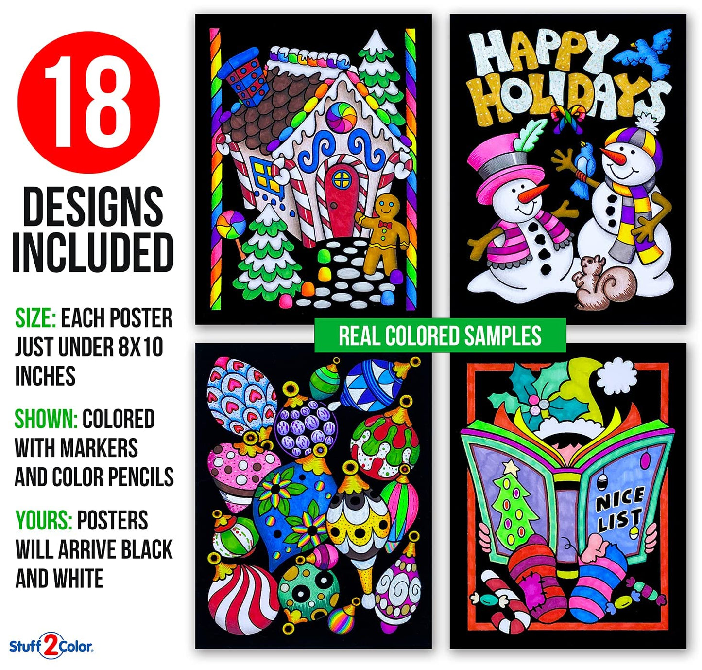 Super Pack of 18 Fuzzy Velvet Coloring Posters (Christmas Edition) - Excellent Family Time Craft Project to Share and Color - All Ages DIY Coloring