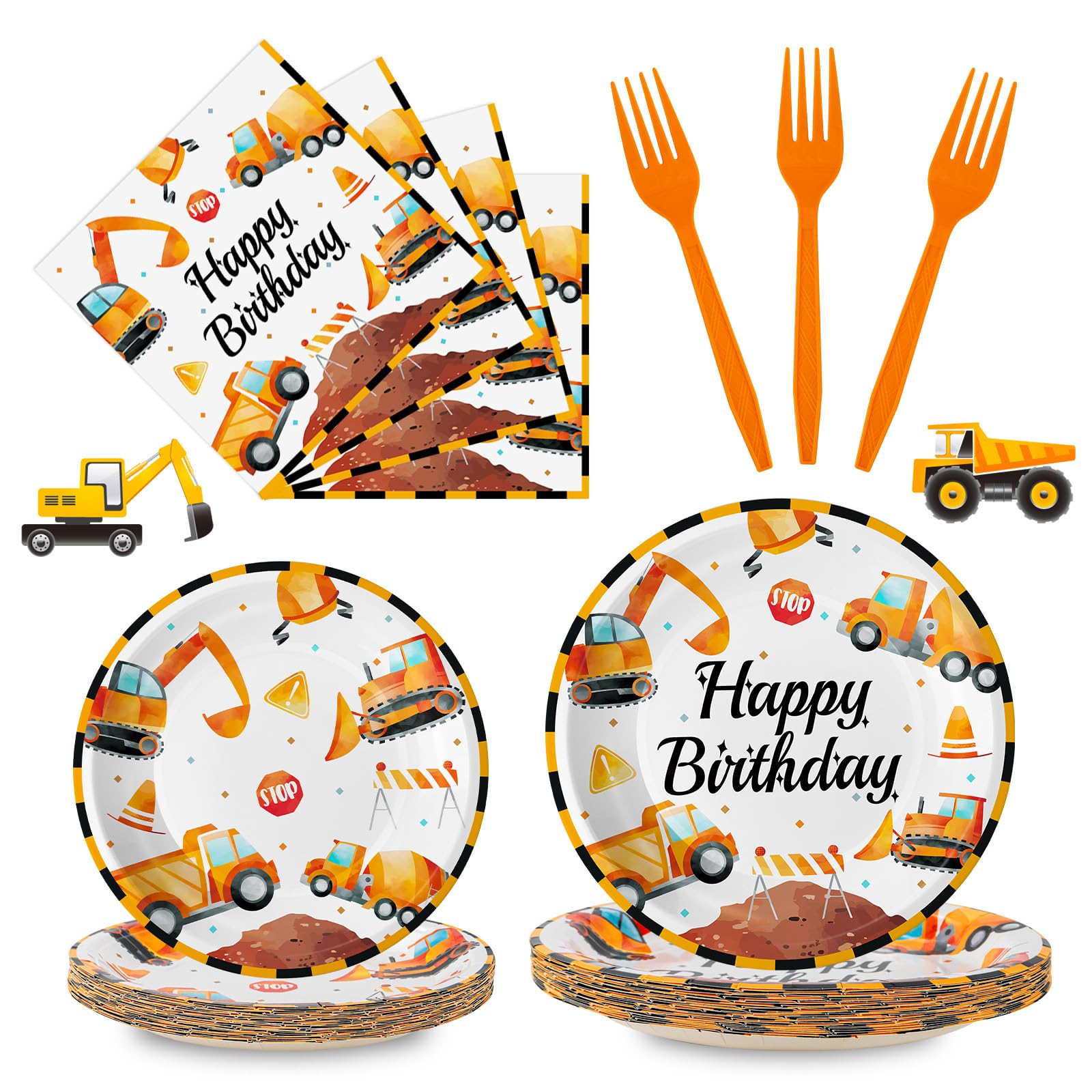 100 Pcs Construction Birthday Party Supplies - Construction Themed Plates and Napkins Forks Set, Disposable Dump Truck Tableware for Boys Kids