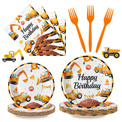 100 Pcs Construction Birthday Party Supplies - Construction Themed Plates and Napkins Forks Set, Disposable Dump Truck Tableware for Boys Kids