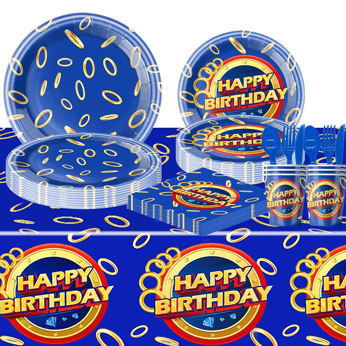 81Pcs Cartoon Blue Hedgehog Birthday Party Supplies,Blue Hedgehog Set Tableware Plates Napkins Cups Knives Spoons Forks