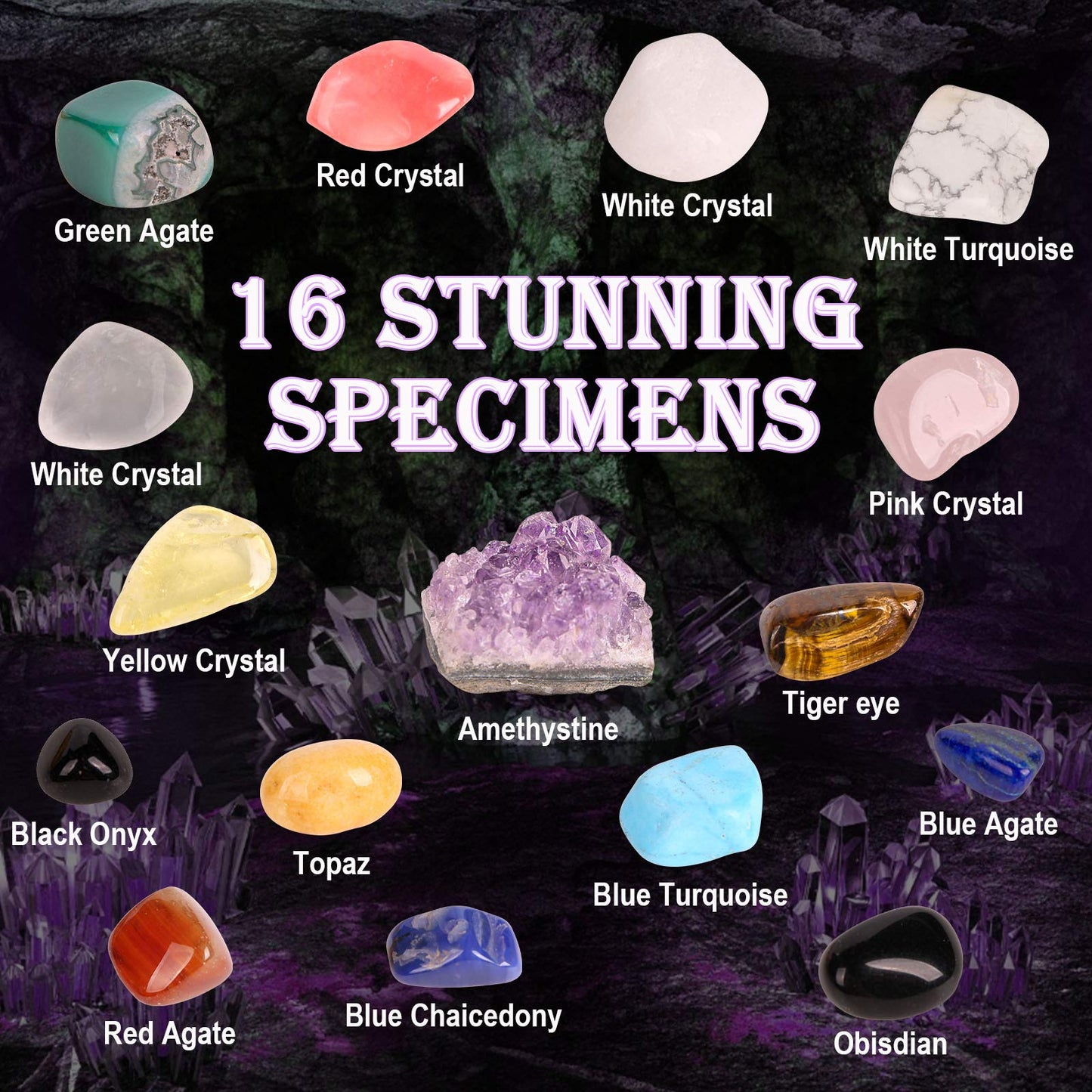 Gemstone Dig Kit, 16 Real Gem Stones and Crystals Excavation Kit, STEM Educational Toys Science Kit for Kids 5-7 8-12, Gem Digging Kit Rock Collection