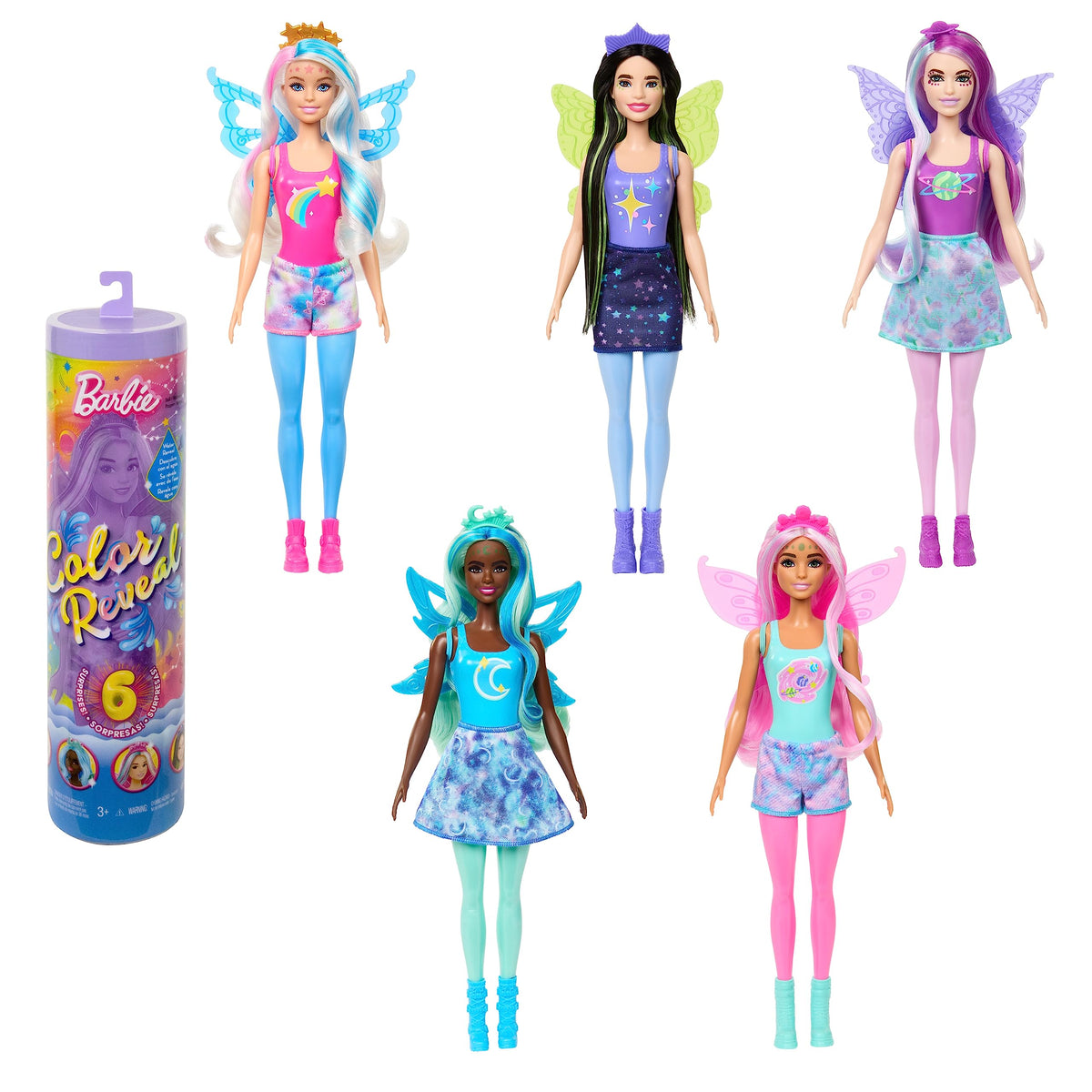 Barbie Color Reveal Doll, Rainbow Galaxy, Celestial Sparkle with 6 Surprises Including Wings & Color Change (Styles May Vary)
