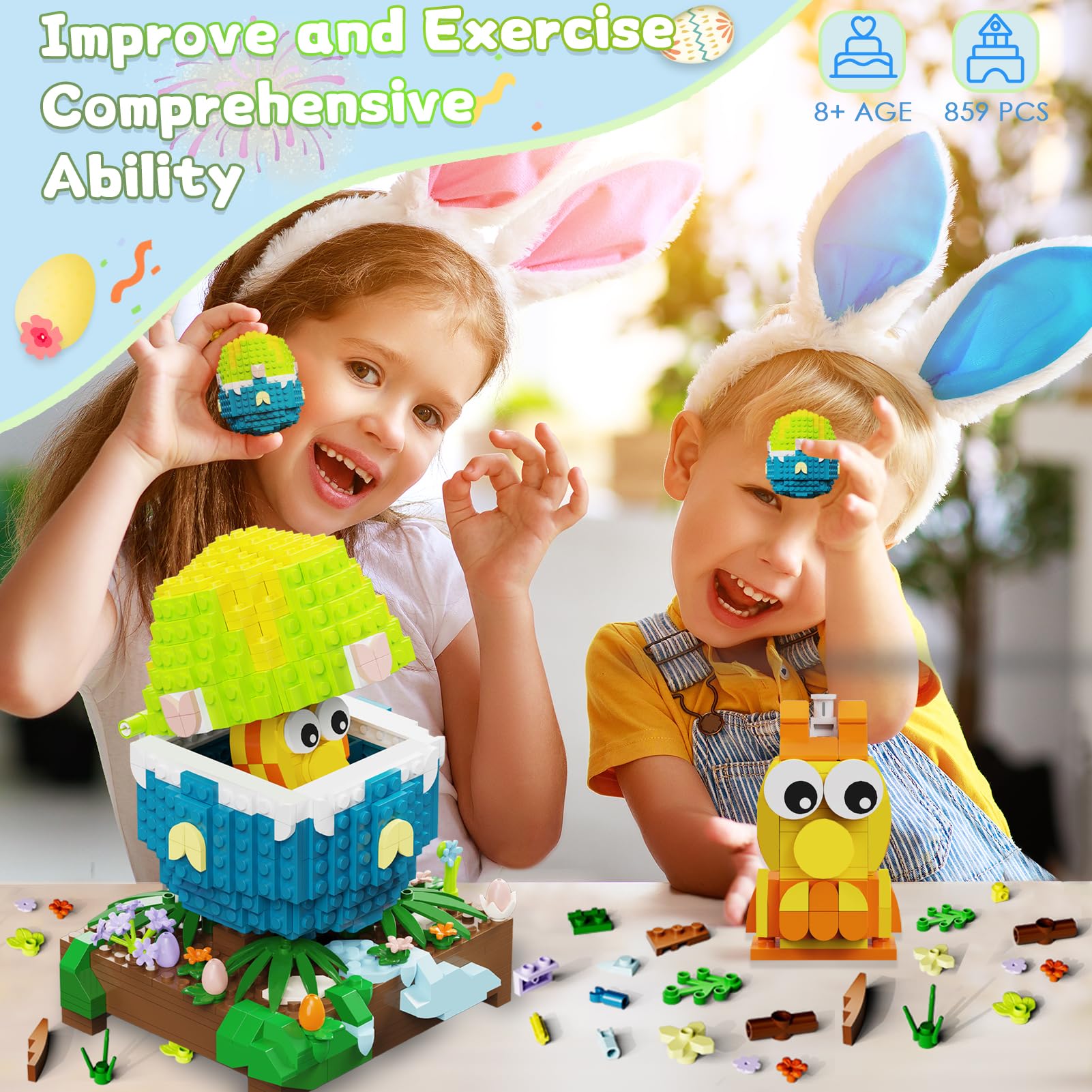 QOQ Easter Egg Building Toy, Fillable Easter Egg and Chick Micro Mini Bricks Set for Adults Kids Boys Girls Age 8+, Basket Stuffer or Gift Idea