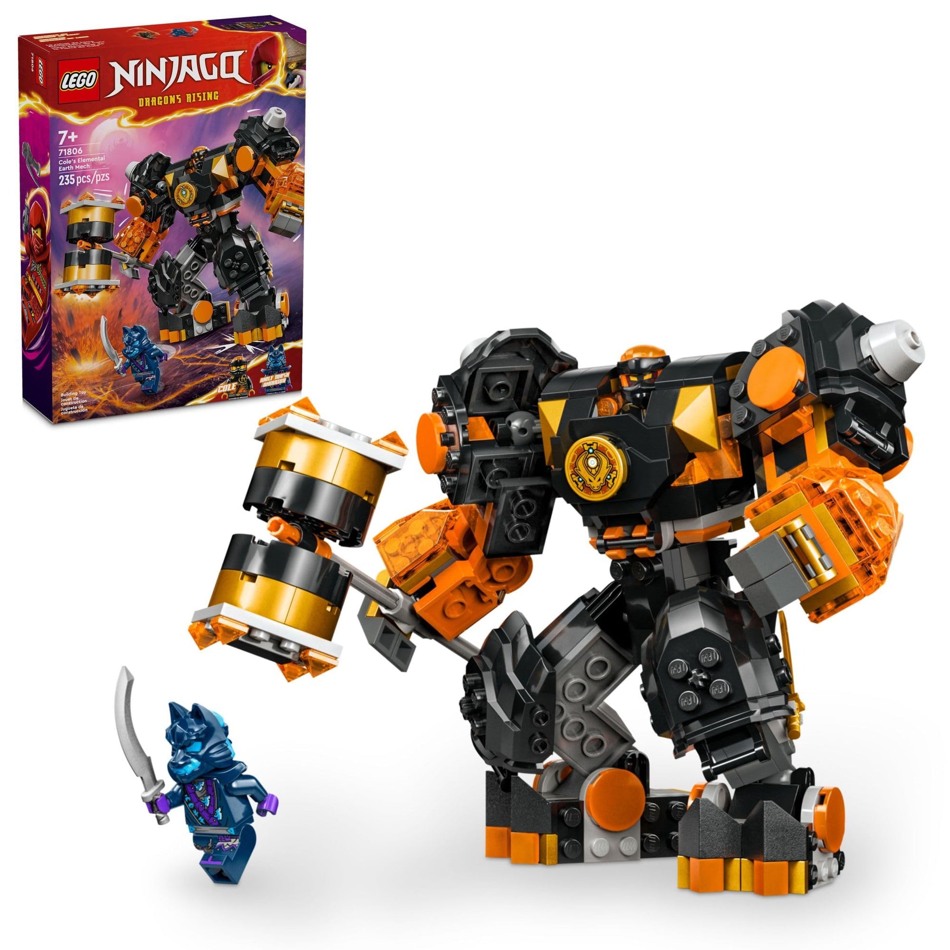 LEGO NINJAGO Cole’s Elemental Earth Mech Mini Ninja Toy, Customizable Action Figure Adventure Toy with Cole and Wolf Warrior Minifigures, Ninja Gift