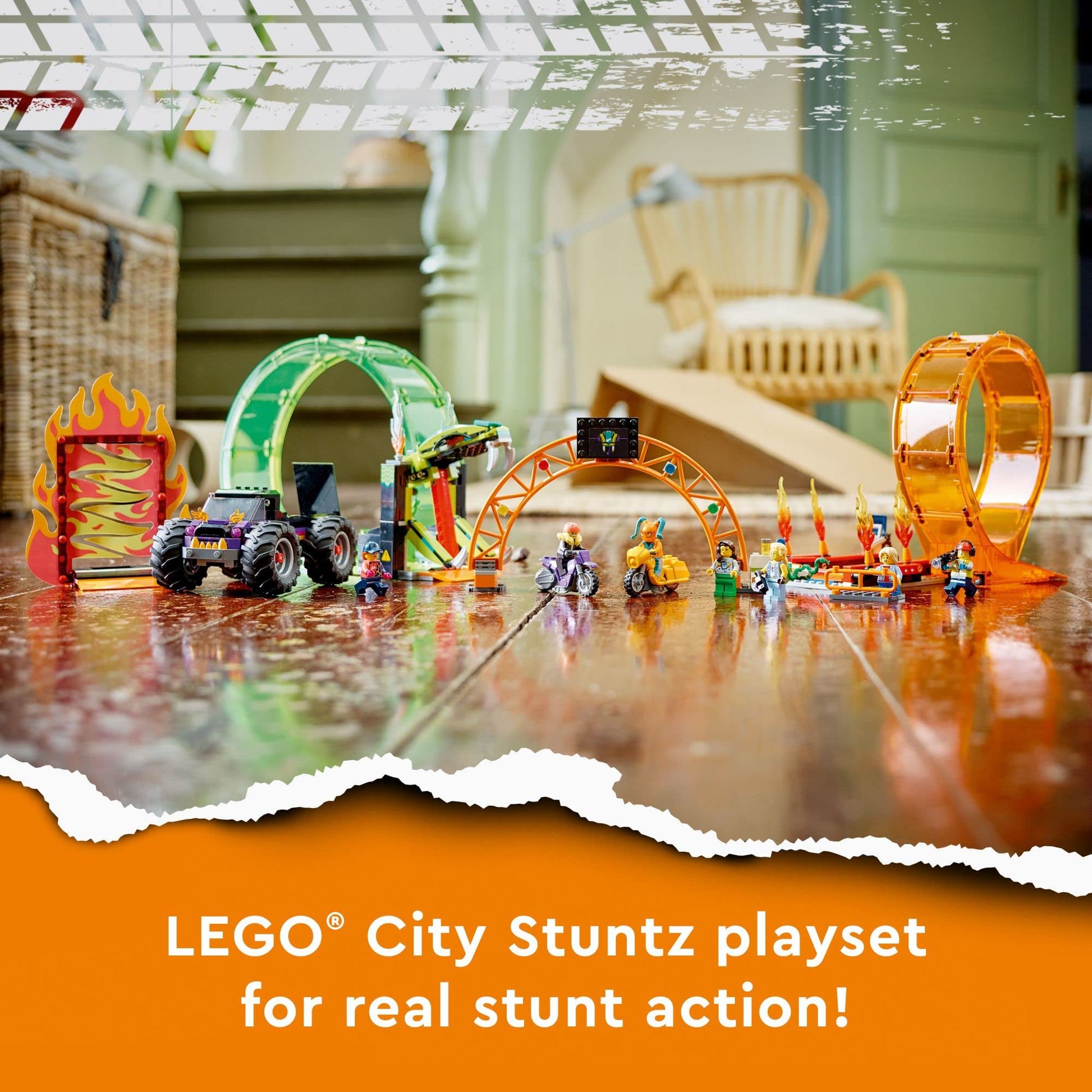 LEGO City Stuntz Double Loop Stunt Arena 60339, Monster Truck Playset with 2 Toy Motorcycles, Ramp, Wall of Flames, Ring of Fire, Snapping Snake Loop