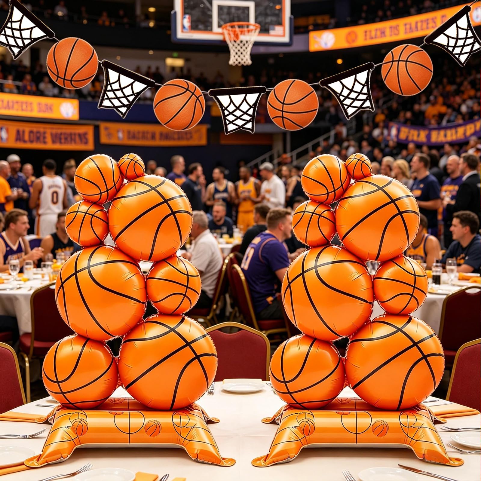 2 Pack Self Standing Basketball Foil Balloons 3.5 ft with Field Base for Birthday Themed Party Decoration Sports Supplies Decor (Basketball Pile) (2
