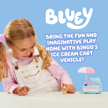 Bluey Vehicle & Figures Ice Cream Cart Toy Playset, Portable Ice Cream Push Cart with 2.5” Articulated Bingo Figure, Play Food Truck for Kids Ages 3+