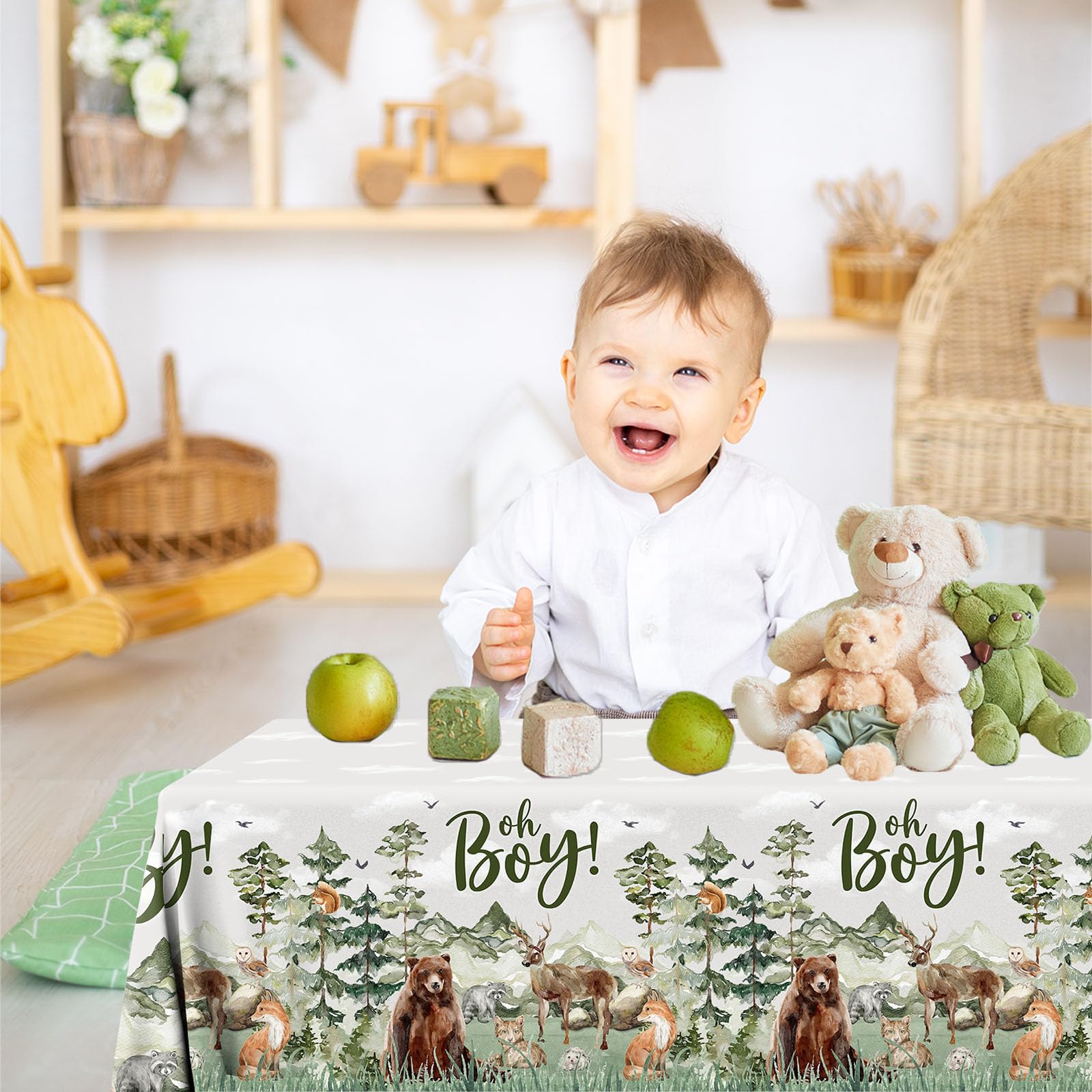 Gumwaqu Adventure Baby Shower Tablecloth,Let The Adventure Begin Supplies 3pcs Oh Boy Waterproof Woodland Forest Table Covers for Mountain Wilderness