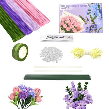 Sheliky Pipe Cleaner Flower Kit 400Pcs Pipe Cleaners Craft Bulk Chenille Stems for Flower Making DIY Bouquets Party Decor with Floral Wires, Gardening