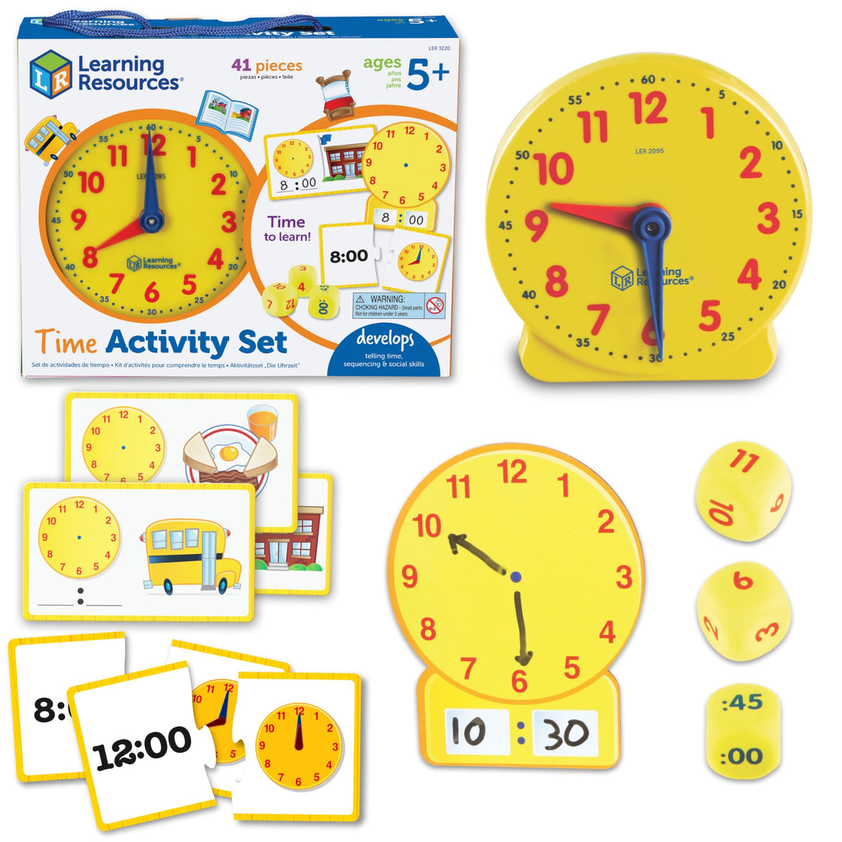 Learning Resources Time Activity Set - Kids Learning Clock, Classroom Clocks for Students, Telling Time Teaching Clock, Analog Clocks for Kids
