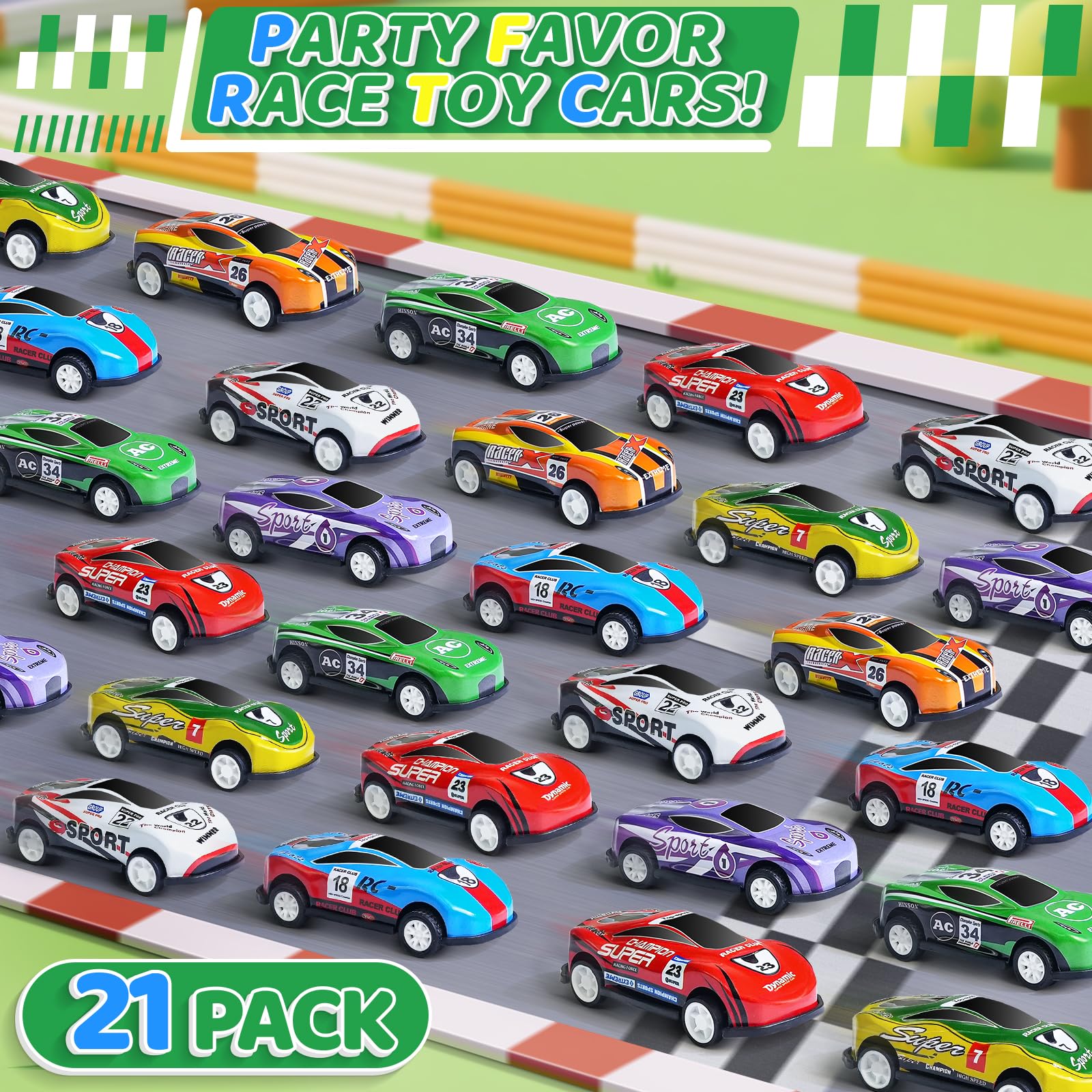21 Pack Pull Back Toy Cars, Party Favors, Goodie Bag Stuffers, Race Vehicles Bulk, Pinata Fillers, Teacher Treasure Prize Box Toys for Boys Girls