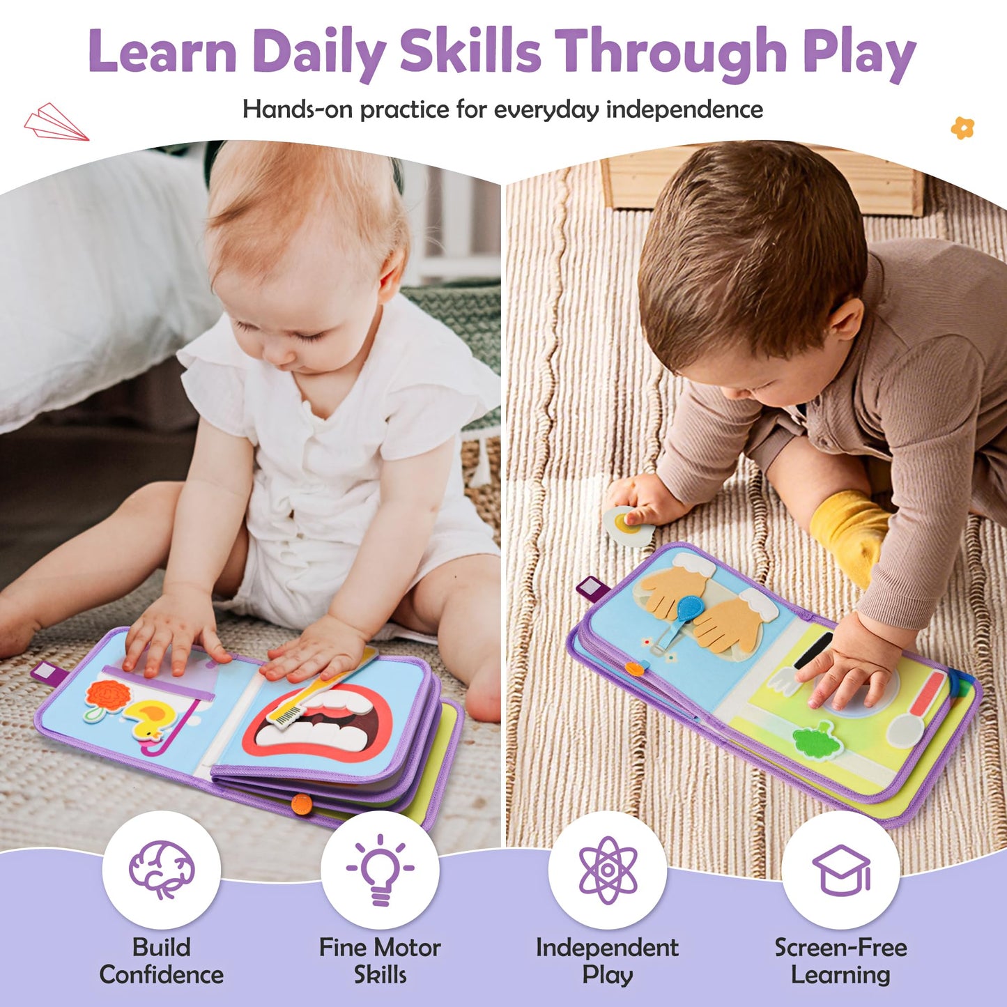 VAXRINO Busy Book for Toddlers 1-3,Montessori Daily Life Felt Activity Book