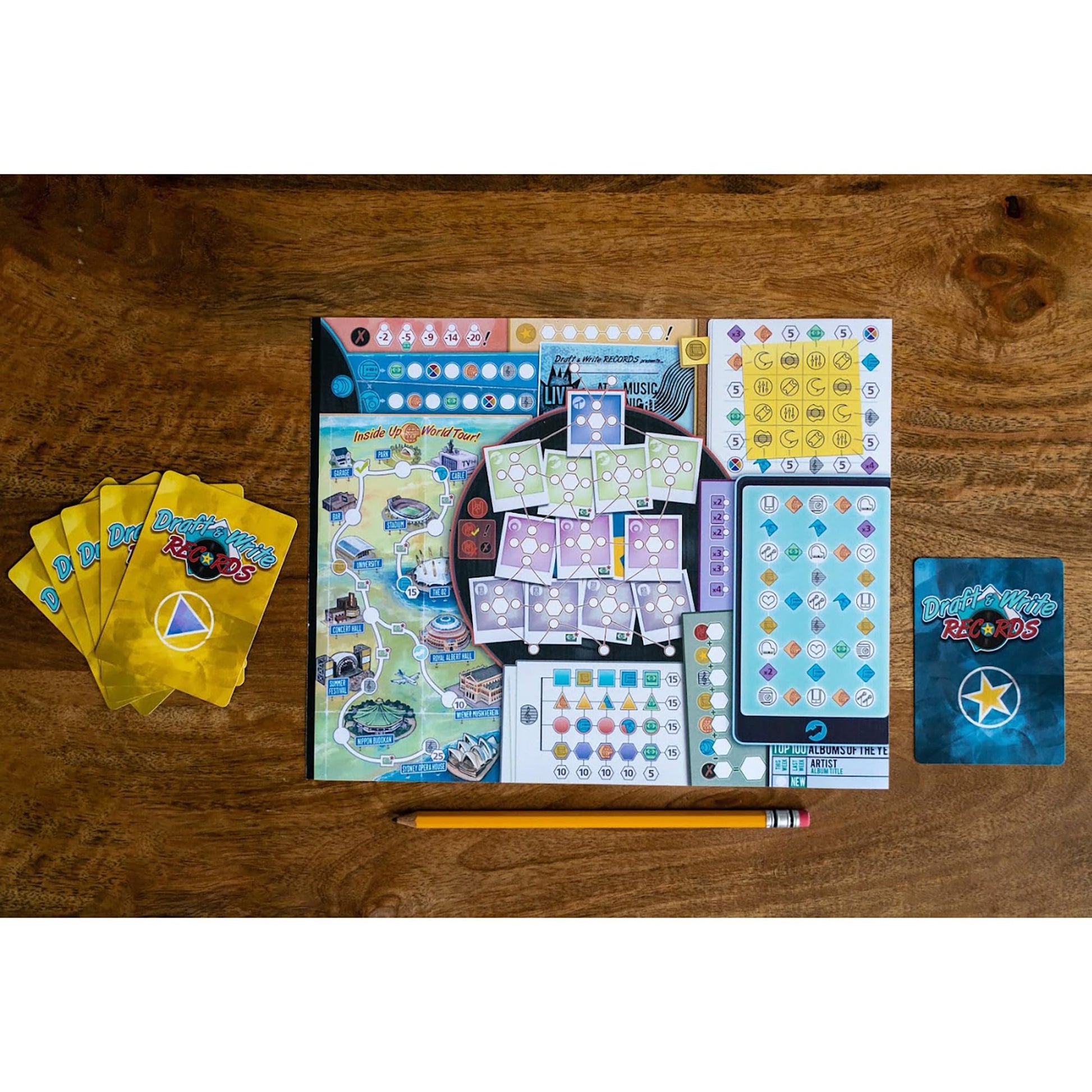 Inside Up Games Draft & Write Records | Music Board Game, Card Drafting | Draft Your Band, Tour The World, Top The Charts | for 1 to 6 Players |