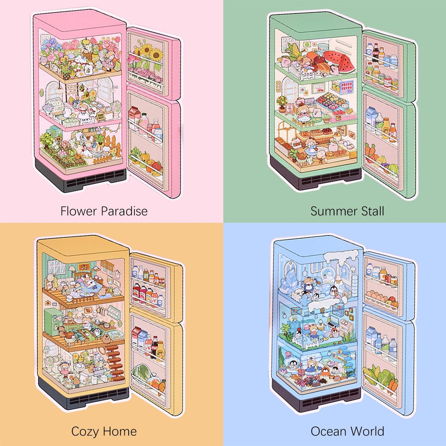 ZSYTZL 4 Sheets 3D DIY Stickers Scene, Cute Miniature Scene Sticker Waterproof Quiet Book with Tweezers Four Seasons Flowers Decorating Phones