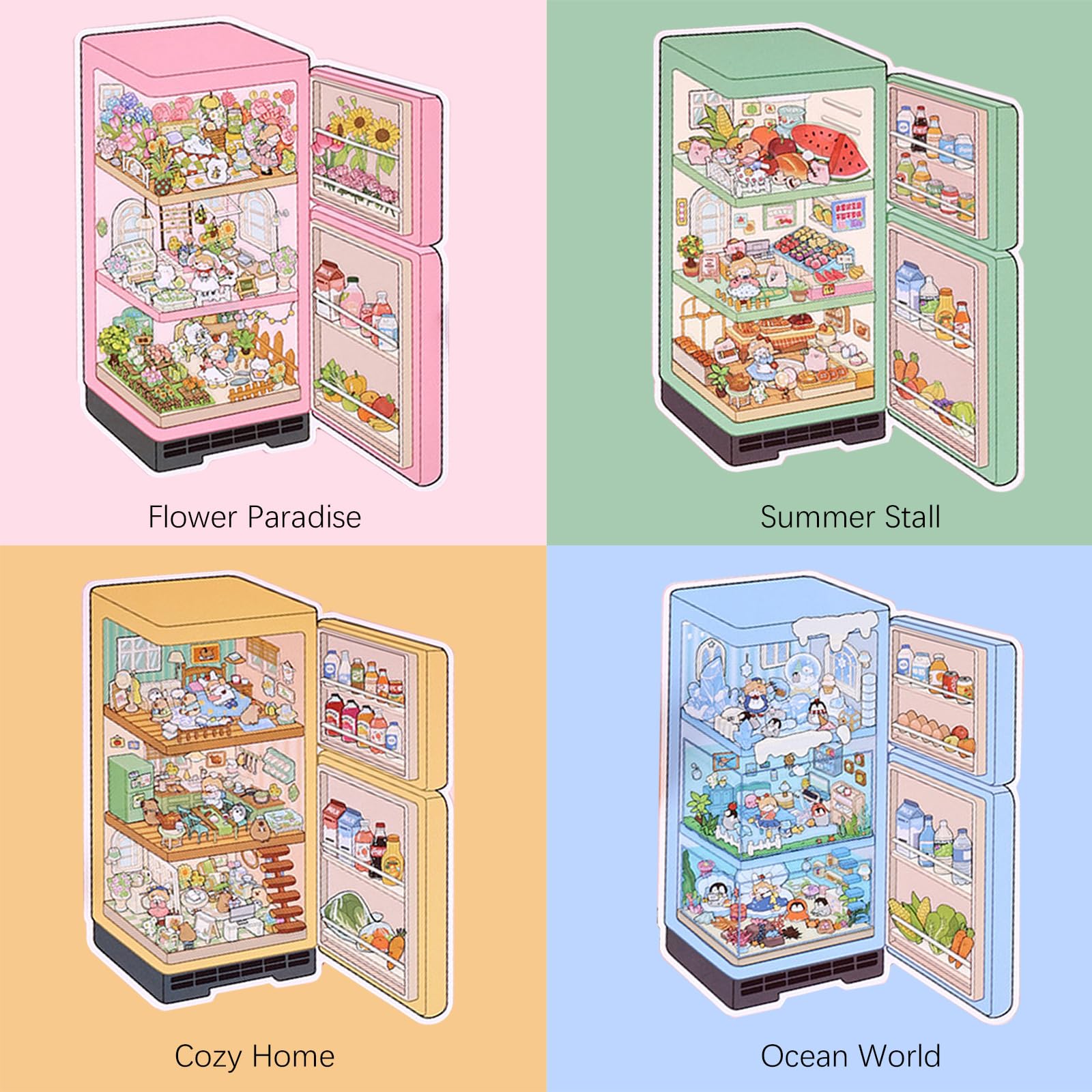 ZSYTZL 4 Sheets 3D DIY Stickers Scene, Cute Miniature Scene Sticker Waterproof Quiet Book with Tweezers Four Seasons Flowers Decorating Phones
