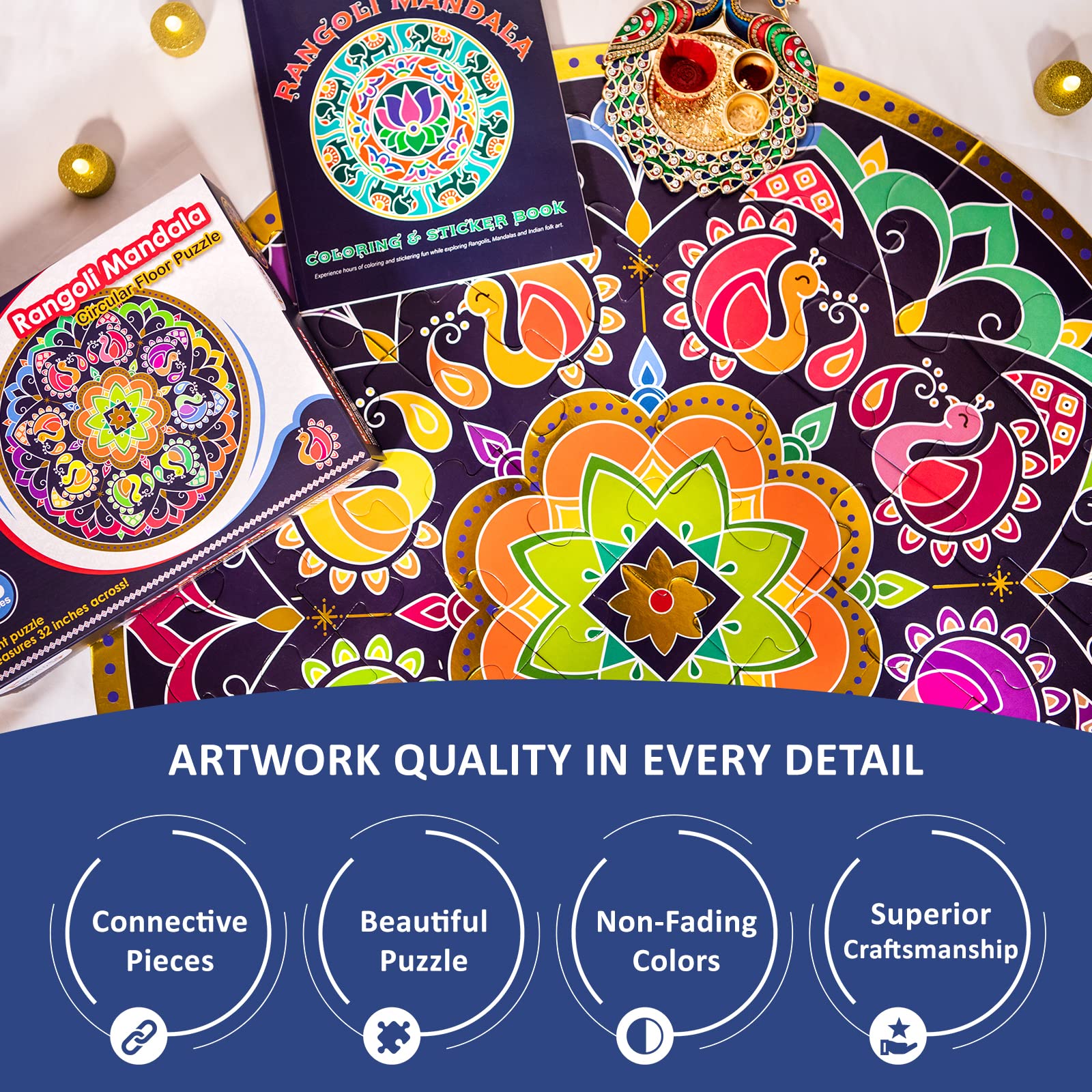Kulture Khazana Rangoli Mandala Floor Puzzle - 48 Piece Puzzle 32 inches, Colorful Giant Floor Puzzle, Indian Art, Montessori Puzzle, Holi, Festival