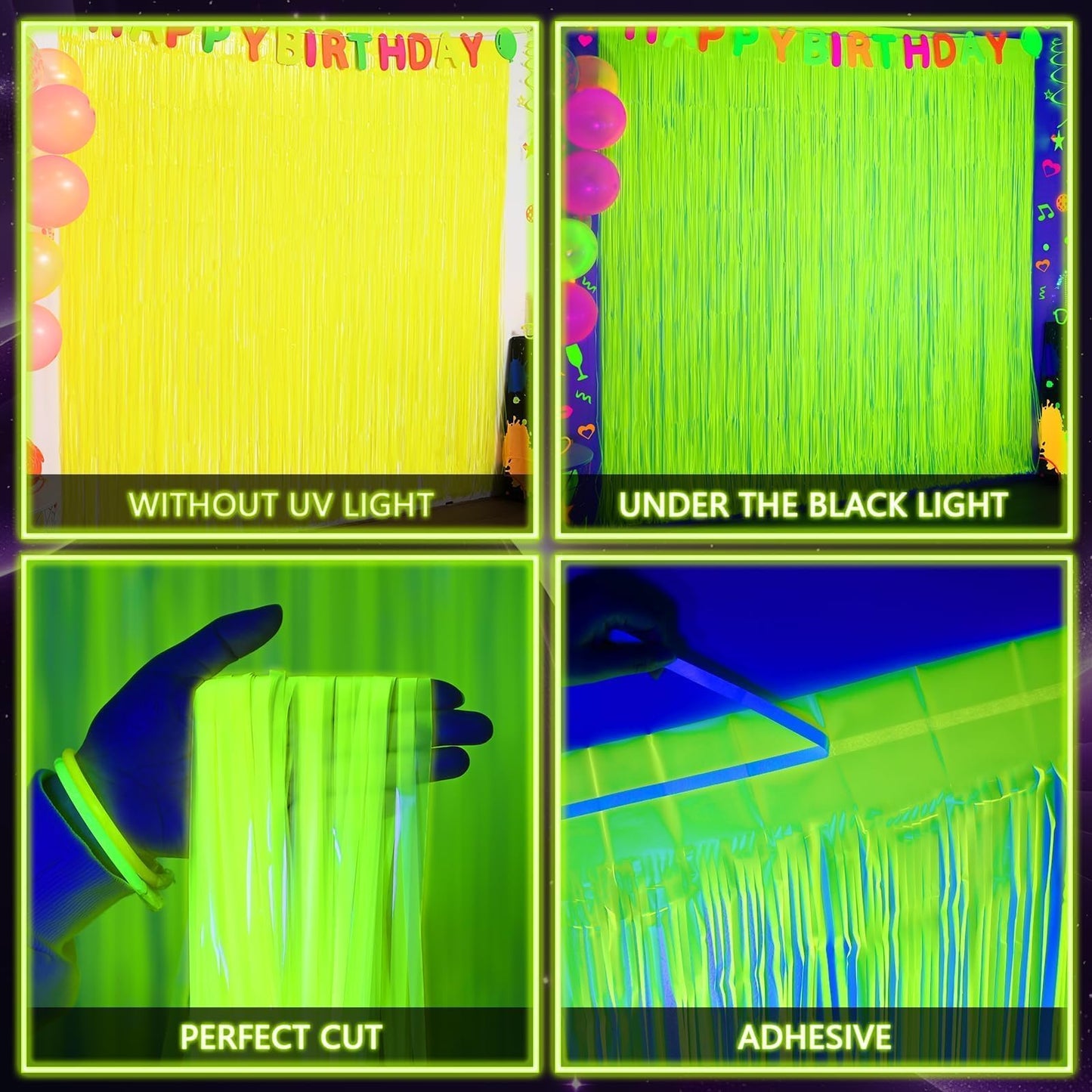 Mega-L Glow in The Dark Party Supplies, Neon Party Decorations, 2 Pack 6.6x6.6 ft Fluorescent Green Foil Fringe Curtains, Glow Photo Backdrop