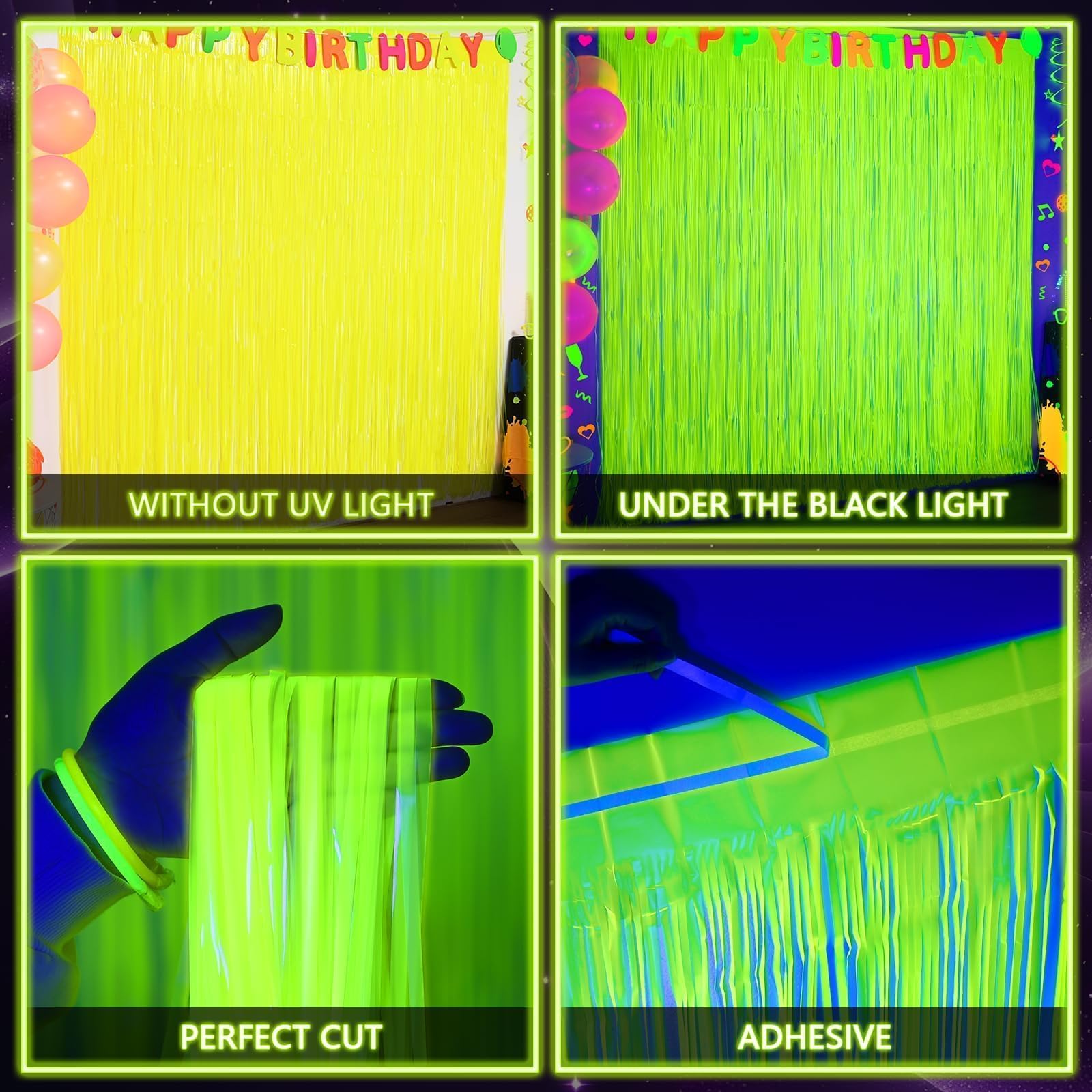 Mega-L Glow in The Dark Party Supplies, Neon Party Decorations, 2 Pack 6.6x6.6 ft Fluorescent Green Foil Fringe Curtains, Glow Photo Backdrop