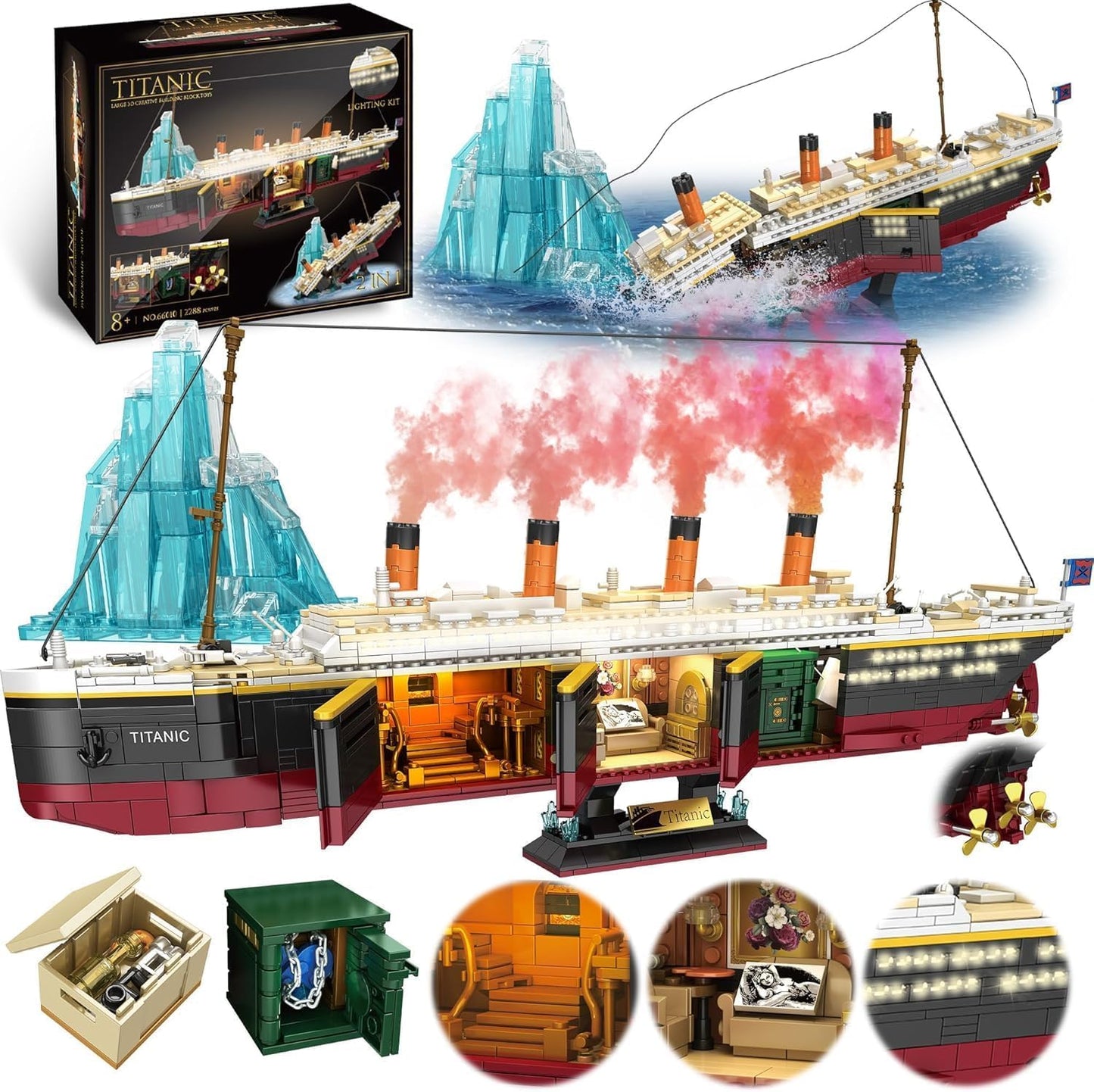 Zylvoxia Titanic Building Set, 2288 Pcs Titanic Big Ship Model Block Set with Glacier and Glowing Light Strip, Giant Ship Building Model Set